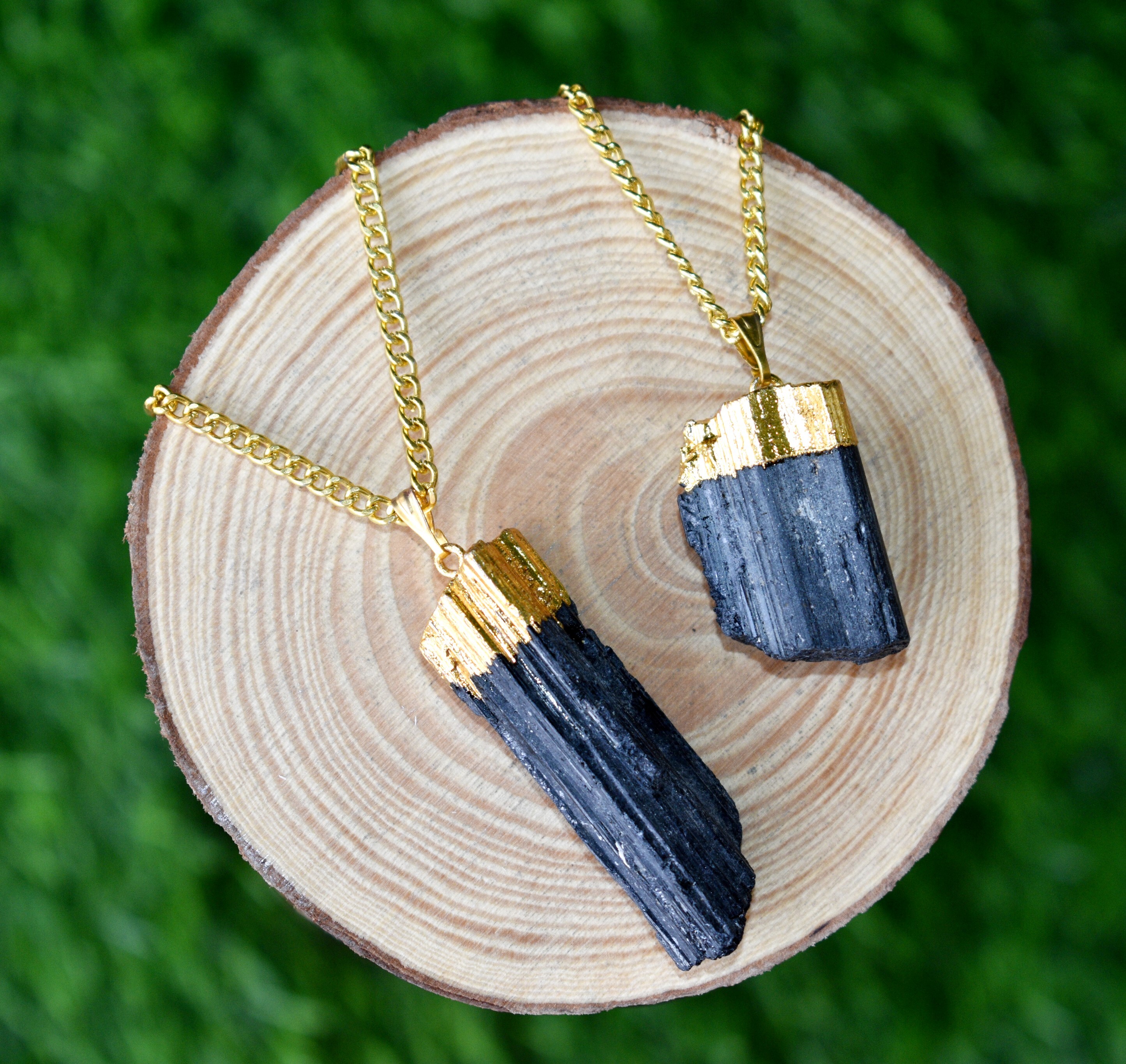 Black Tourmaline Rough Stone Pendants Natural Electroplated Silver Crystals With Chain - Weight: 17g, Design: Plain, Color: Black, Material: Gemstone/crystals, Other Material: Gold Over Silver