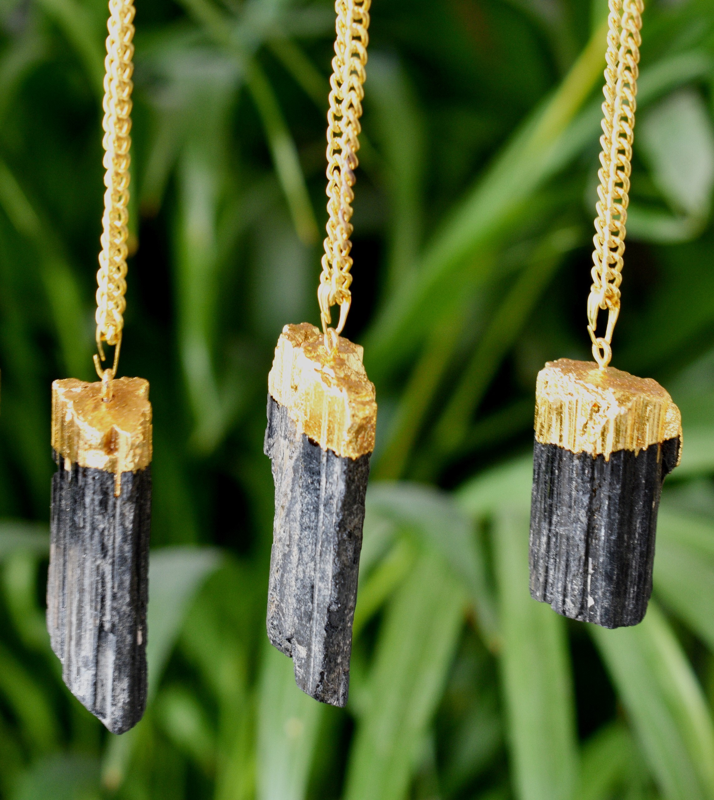Black Tourmaline Rough Stone Pendants Natural Electroplated Silver Crystals With Chain - Weight: 17g, Design: Plain, Color: Black, Material: Gemstone/crystals, Other Material: Gold Over Silver
