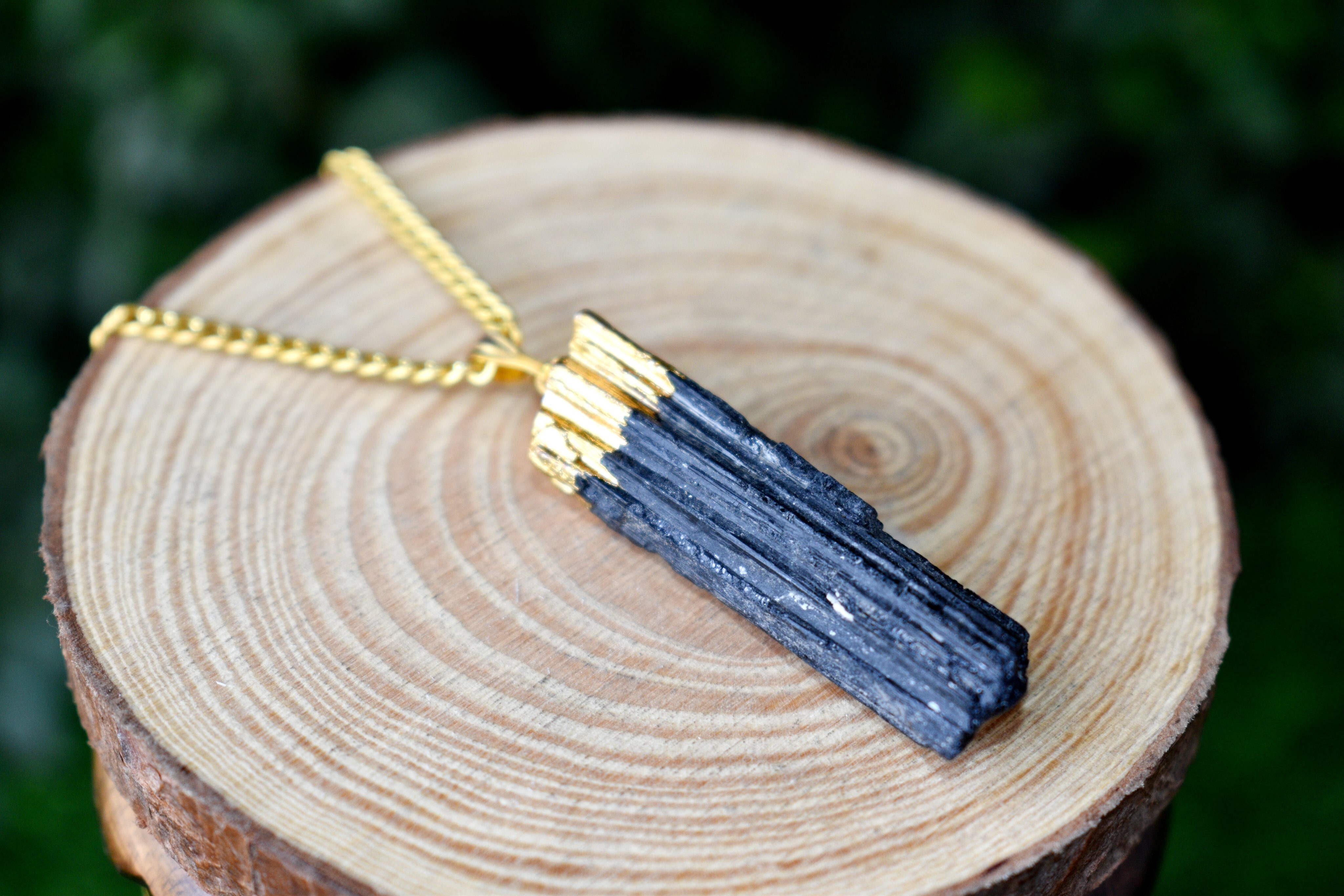 Black Tourmaline Rough Stone Pendants Natural Electroplated Silver Crystals With Chain - Weight: 17g, Design: Plain, Color: Black, Material: Gemstone/crystals, Other Material: Gold Over Silver