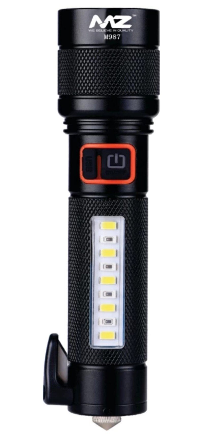 Rechargeable Torch - Metal, 10.7 Cm Length, 3.5 Cm Width, Mix Color | 5 Modes, Hammer & Seatbelt Cutter, Zoomable, Waterproof, Usb Type-c Charging