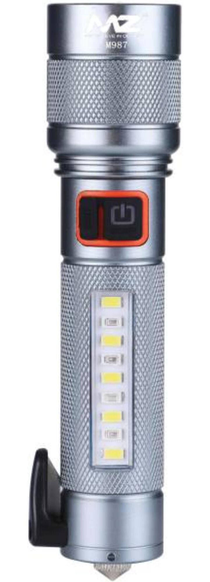 Rechargeable Torch - Metal, 10.7 Cm Length, 3.5 Cm Width, Mix Color | 5 Modes, Hammer & Seatbelt Cutter, Zoomable, Waterproof, Usb Type-c Charging