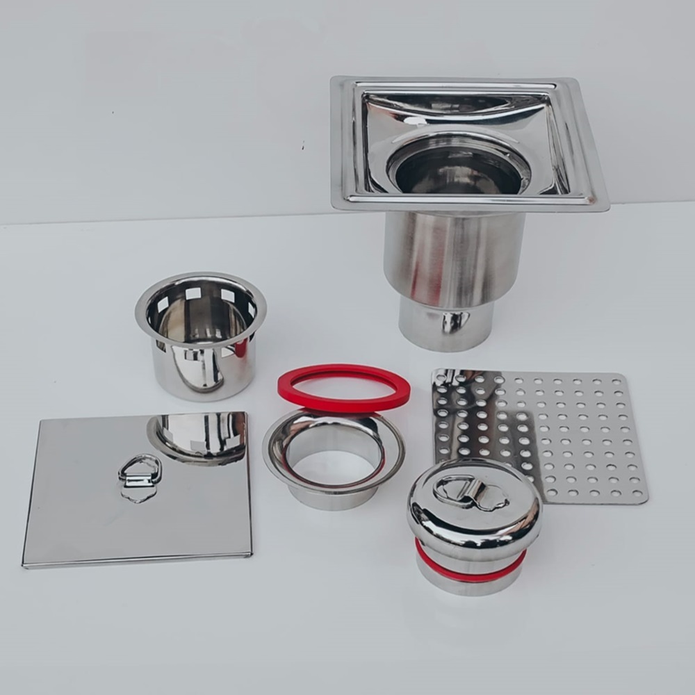 Ss Drain Trap - 200mm X 200mm X 225mm | Stainless Steel, Double Seal, Matte Finish, Square Shape, 80mm Outlet, 1.2mm Thickness