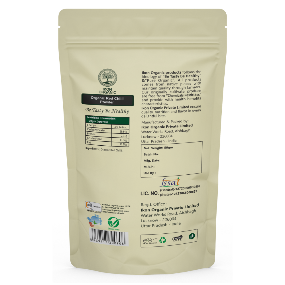 Ikon Organic Red Chilli Powder - 50gm | Fine Ground Food Grade Bright Red Color Hot & Spicy Flavor 0% Additives Retains Natural Aroma