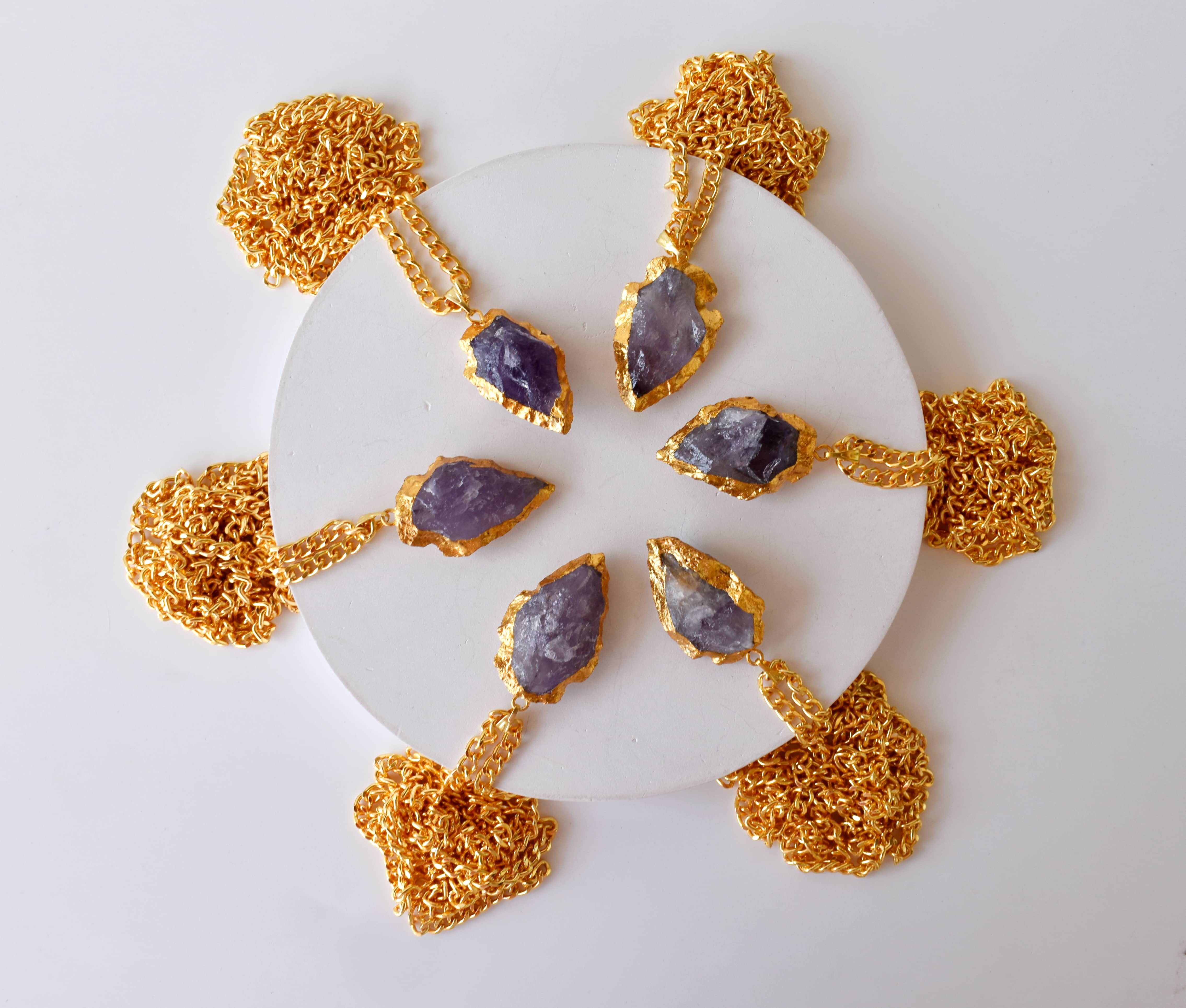 Amethyst Rough Stone Arrowhead Pendants - Aaa Natural Crystals, 25 Grams Weight, Electroplated Gold Finish For Spiritual Healing