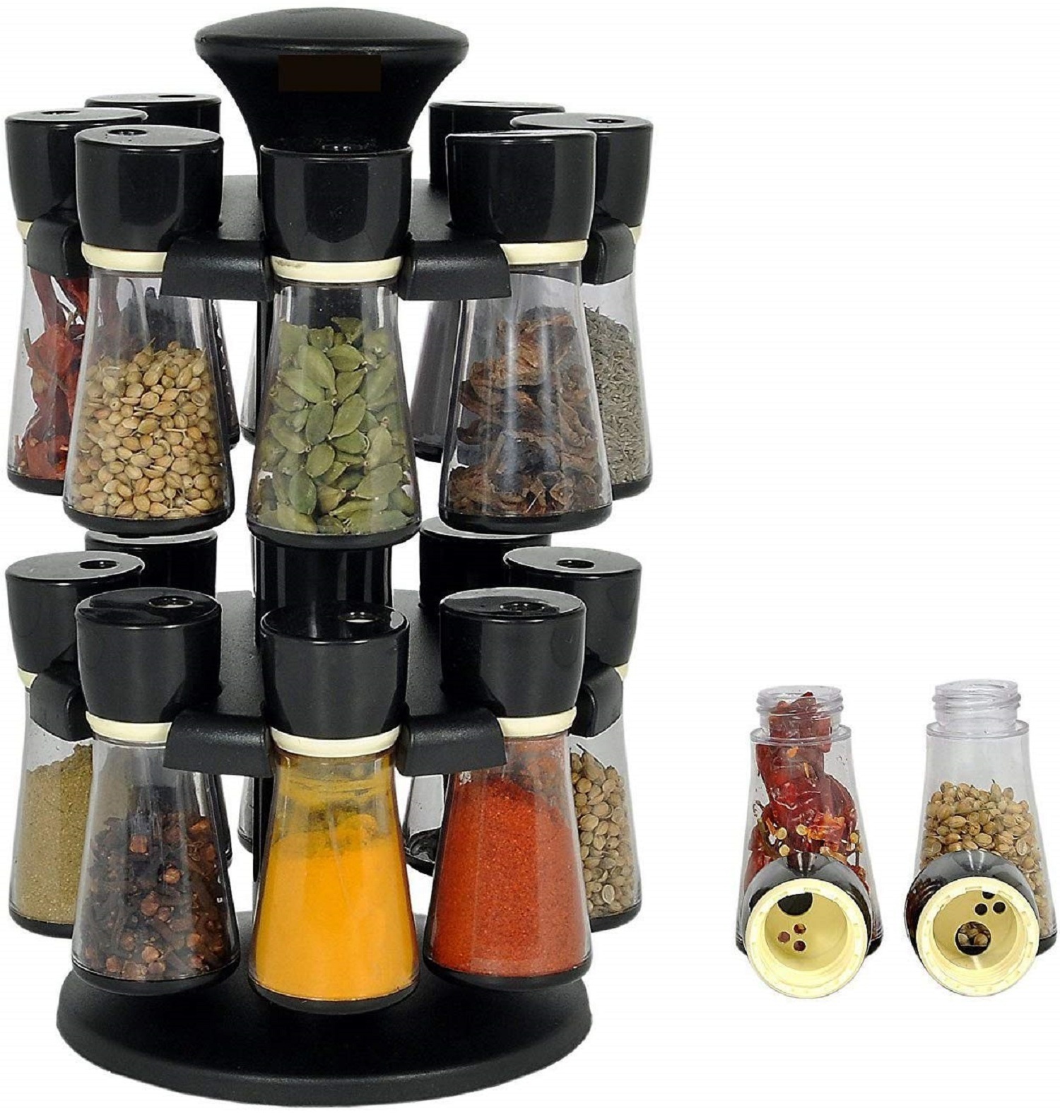 12 Pc Spice And Masala Rack - Pure Abs Plastic, Small Size For Easy Mobility, Black Cap, Dishwasher Safe | Perfect For Spices, Condiments, Grains, Easy One-handed Operation
