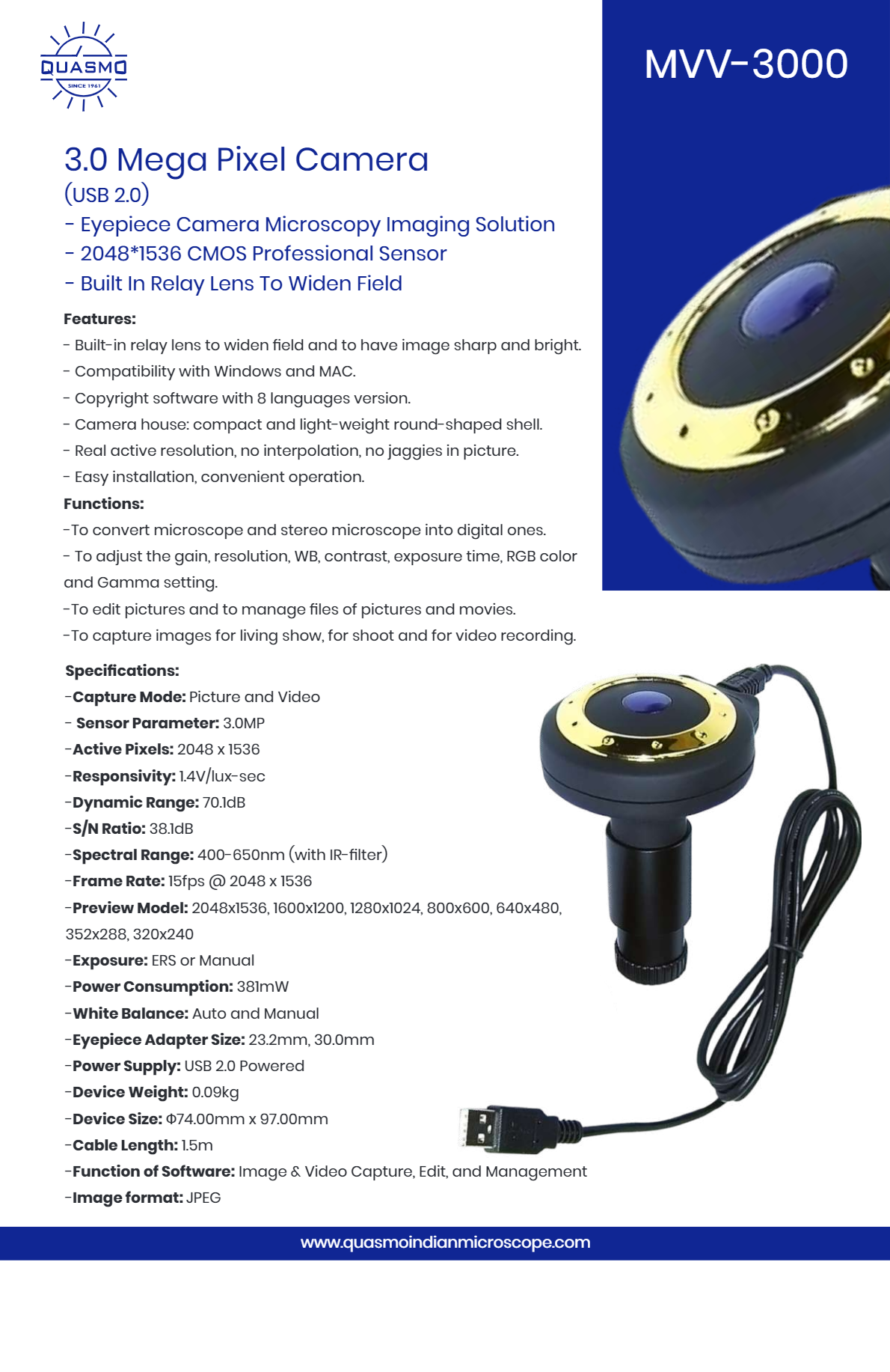 3.0 Mega Pixel Microscope Camera - Coarse Adjustment Range: 70.1db