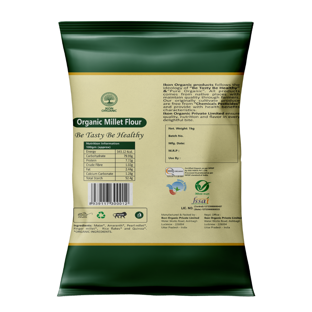 Ikon Organic Millet Flour - 1kg Packet | Gluten-free Alternative, Made From Finger & Pearl Millet, High In Fiber & Protein, No Additives