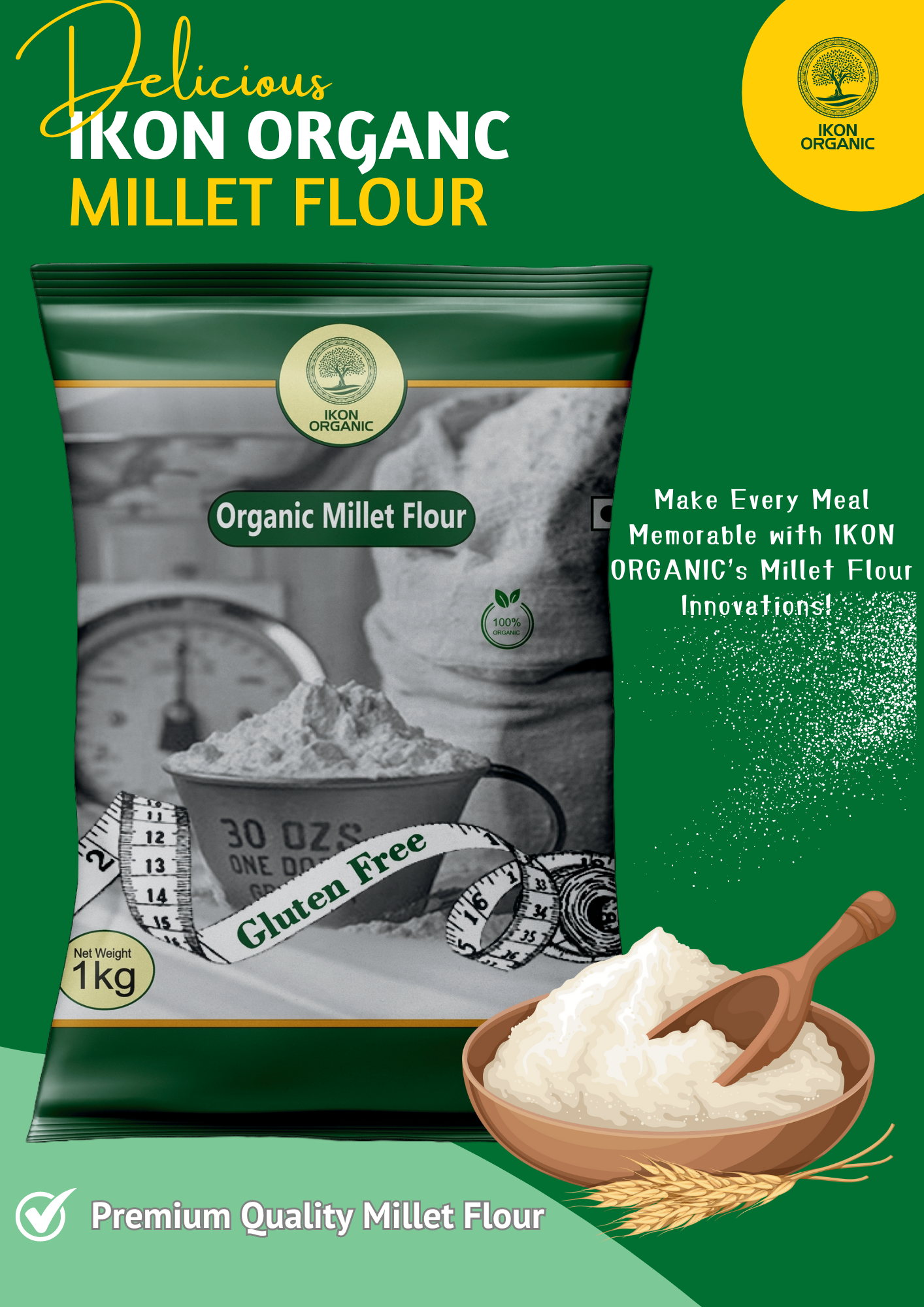 Ikon Organic Millet Flour - 1kg Packet | Gluten-free Alternative, Made From Finger & Pearl Millet, High In Fiber & Protein, No Additives