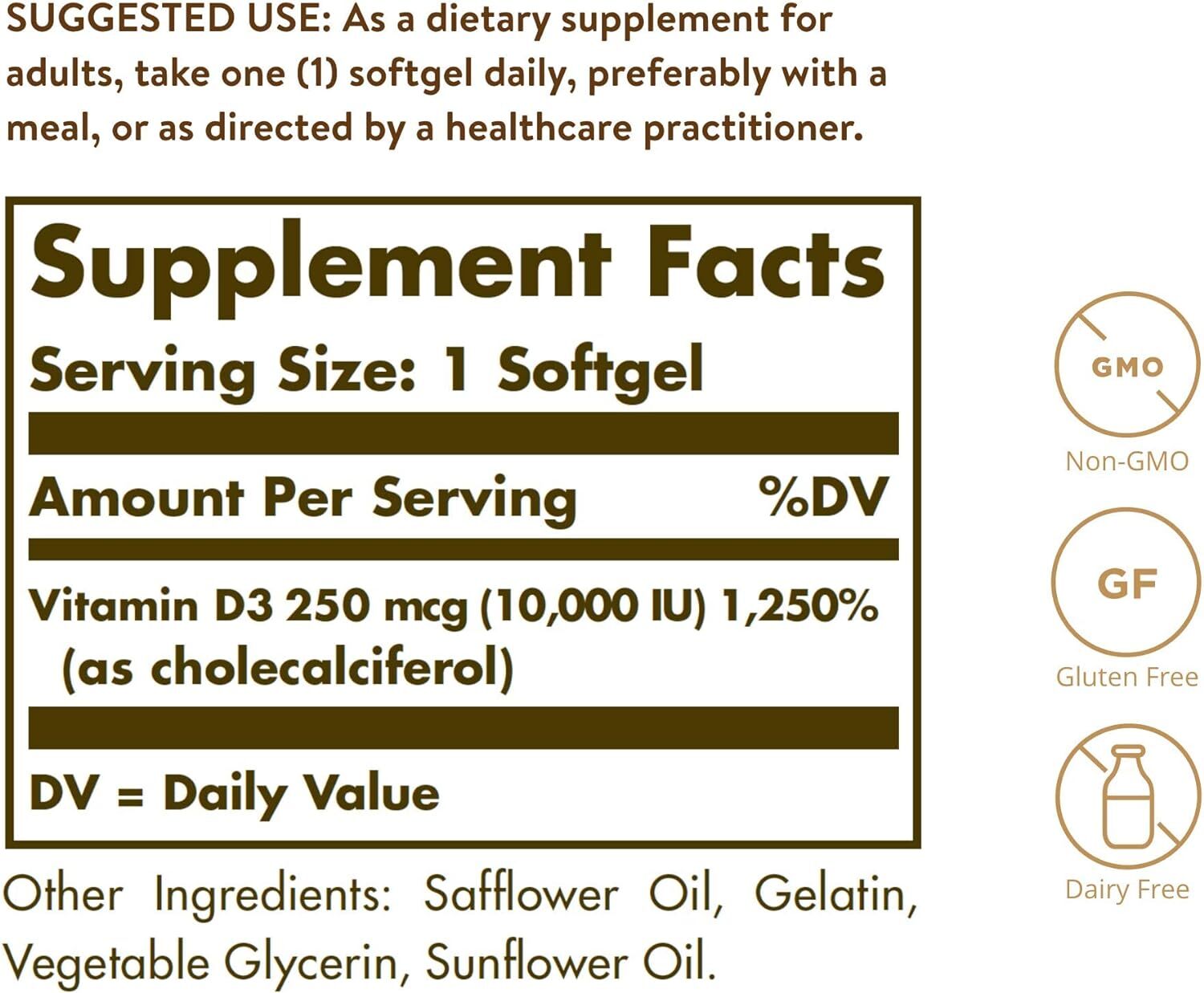 Solgar Vitamin D3 (Cholecalciferol) 250 Mcg (10,000 Iu), 120 Softgels - Best Before: 24 Months