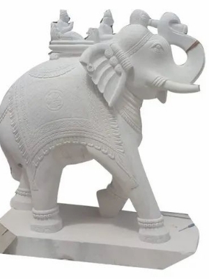 White Marble Elephant Statue - 1ft 10in Height, 12ft Length | Polished Finish, Indian Regional Style, Artistic Animal Theme