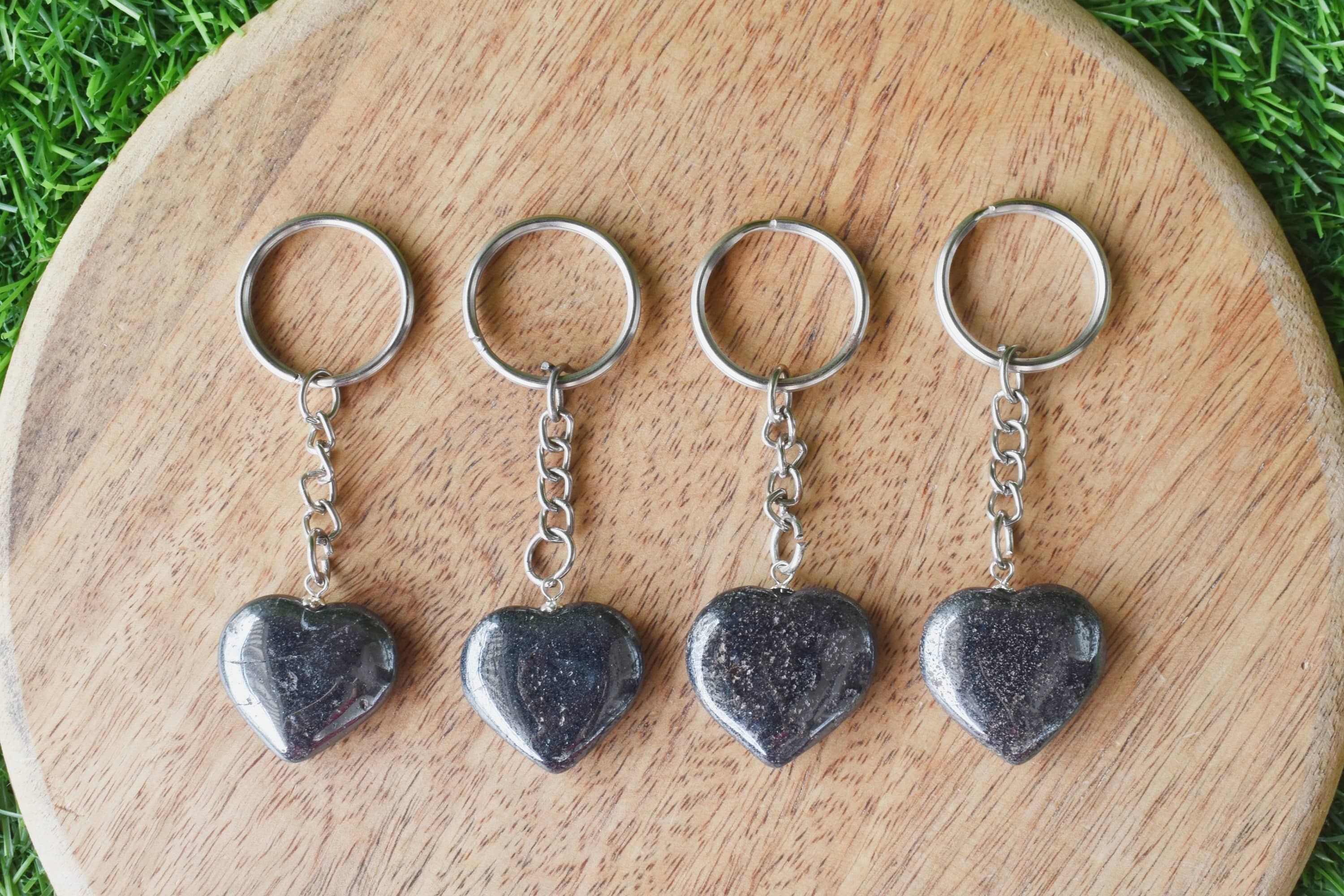 Hematite Key Chain - Tumble, Rough, Worry Stone Hearts Sphere | Thoughtful Gift For Gemstone Enthusiasts And Unique Accessory Lovers