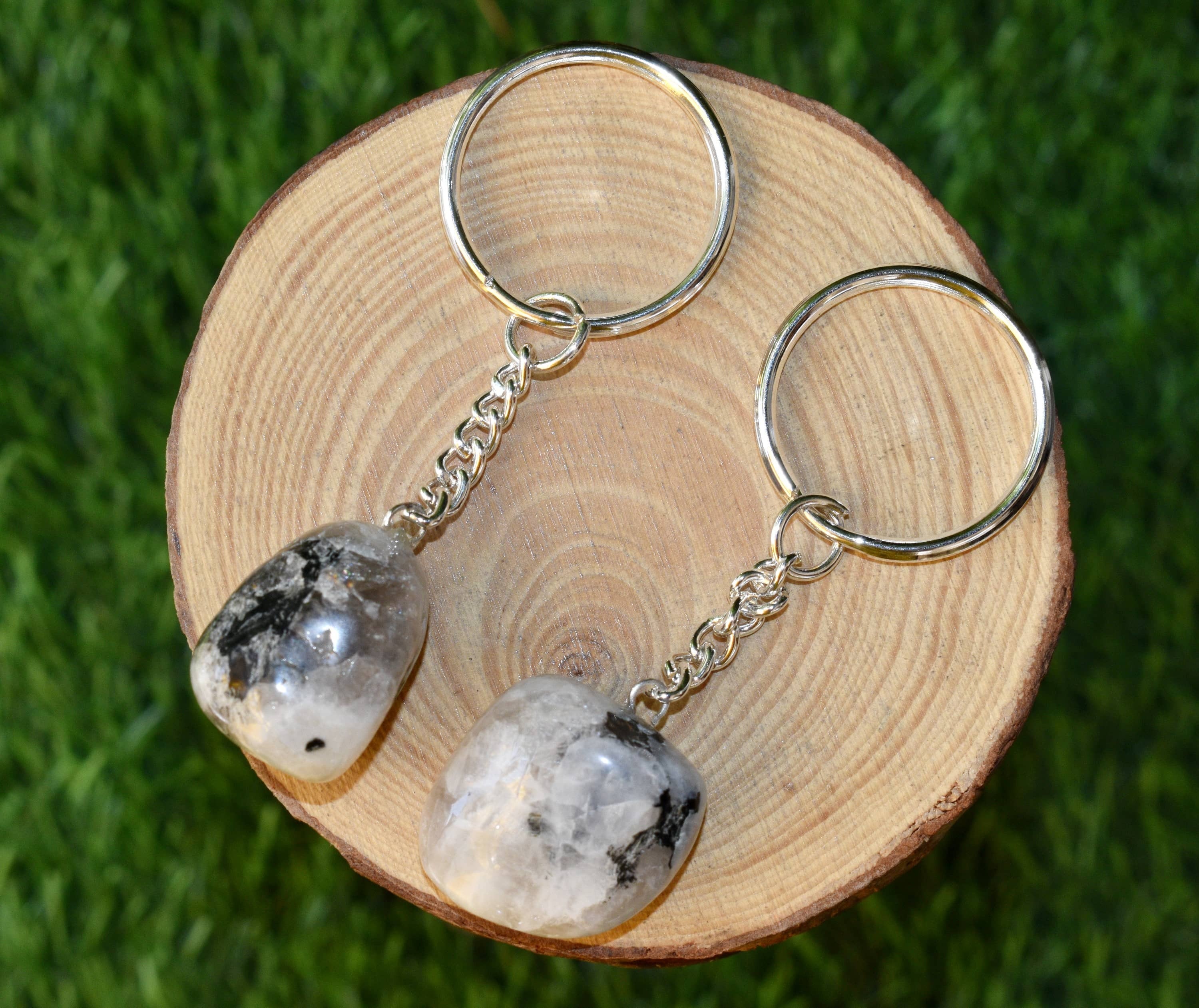 Rainbow Moonstone Key Chain - Tumble Rough Sphere With Heart Shape | Unique Gift For Gemstone Lovers, Stylish And Meaningful Accessory