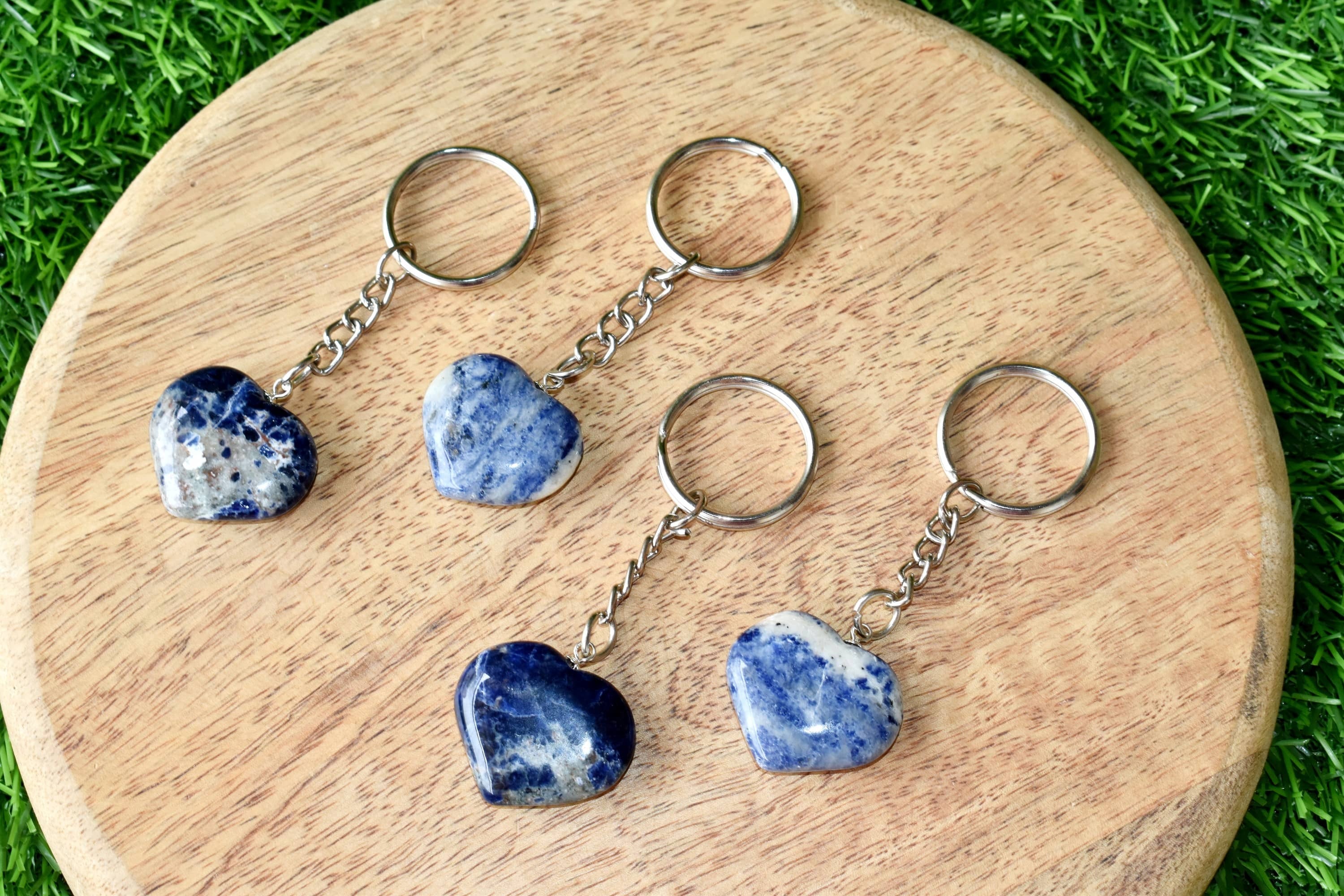 Sodalite Key Chain - Tumble Rough Worry Stone Heart Sphere, Perfect Gift For Gemstone Lovers And Collectors