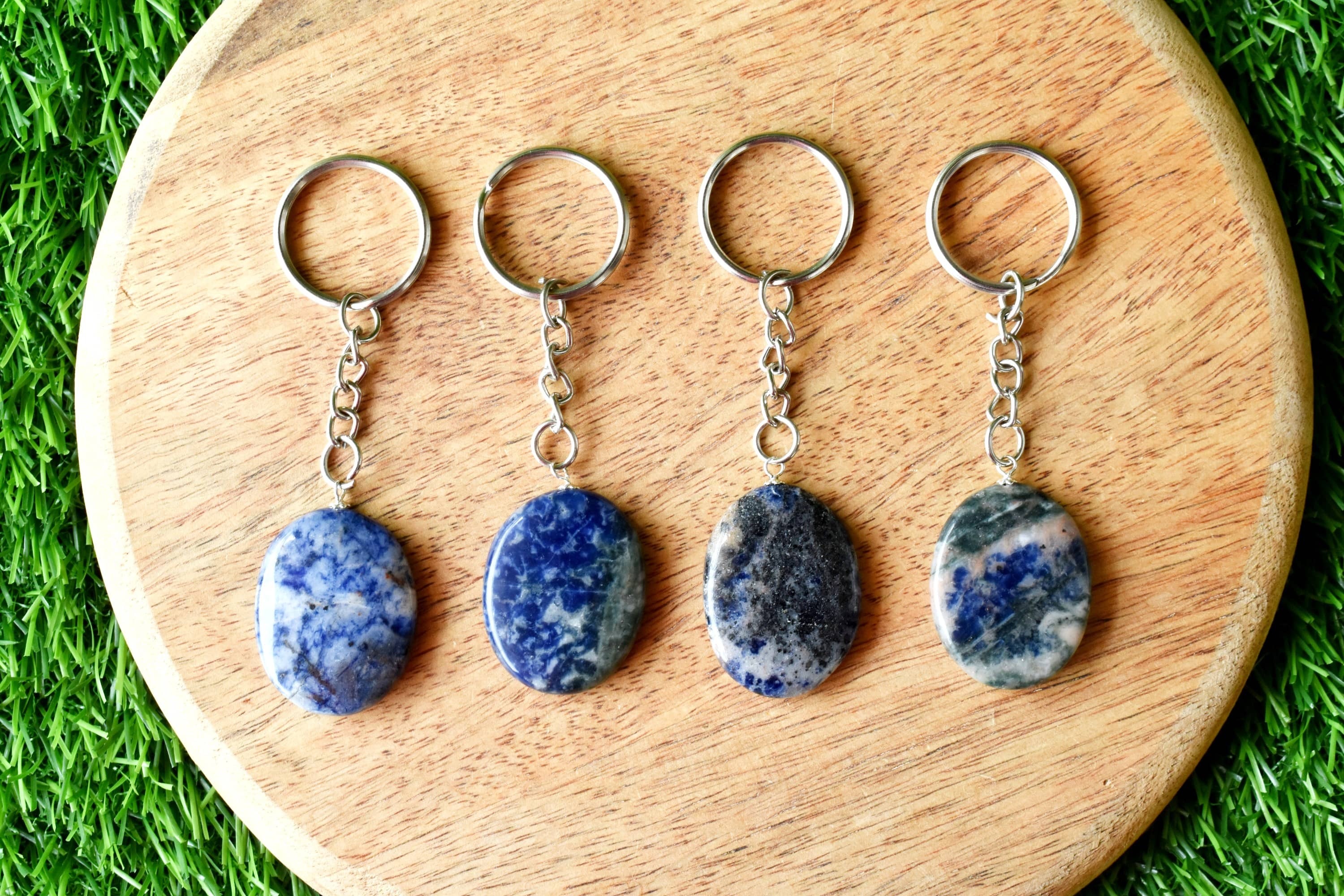 Sodalite Key Chain - Tumble Rough Worry Stone Heart Sphere, Perfect Gift For Gemstone Lovers And Collectors