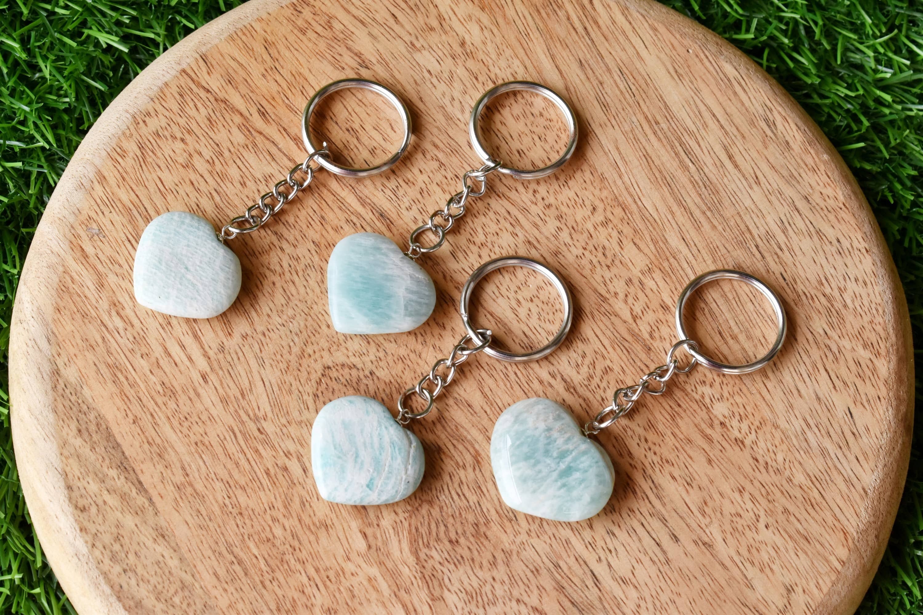 Amazonite Key Chain, Gemstone Keychain Crystal Key Ring - Tumble Rough Hearts, 5.5cm Chain Size | Thoughtful Gift For Loved Ones
