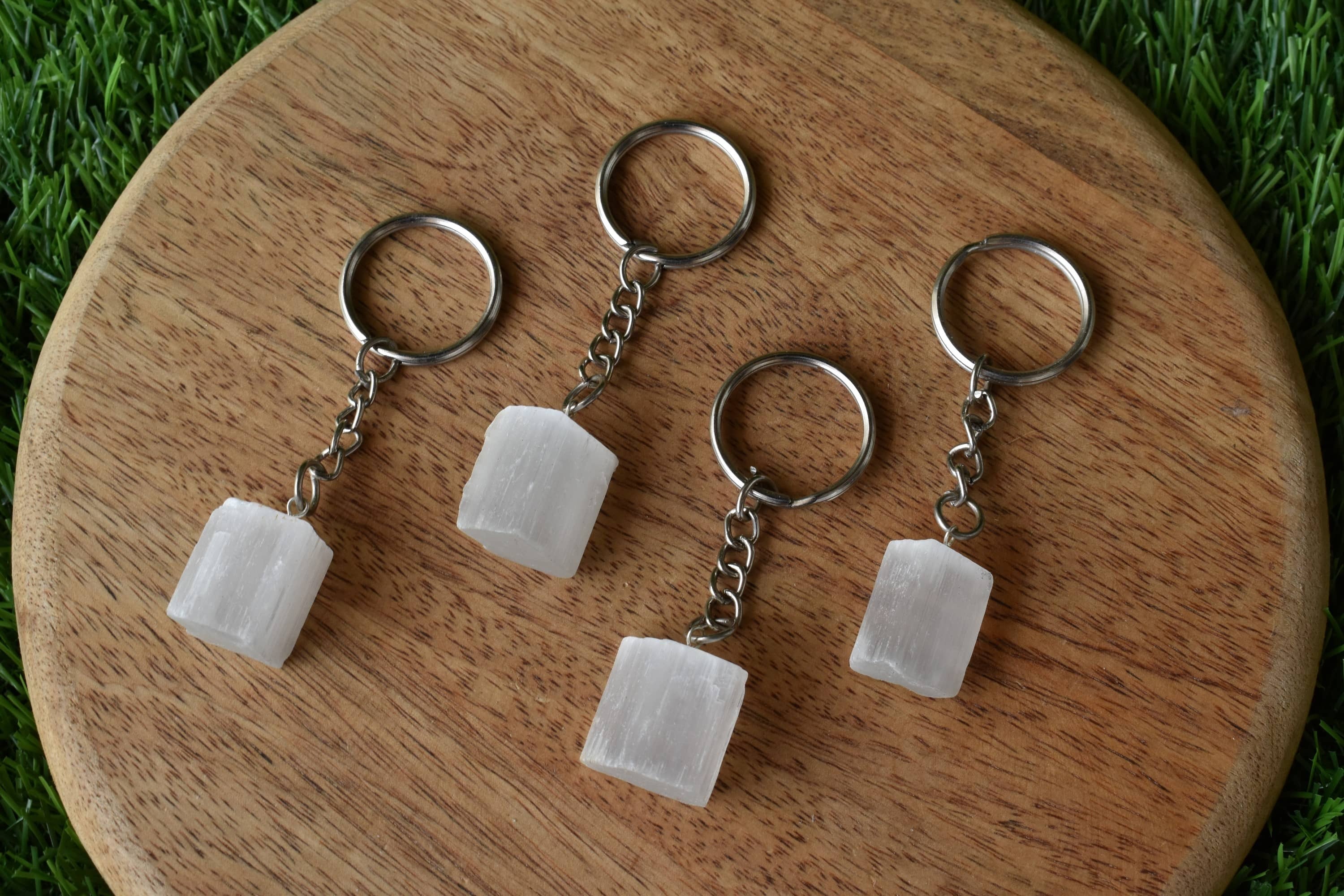 Selenite Key Chain - 5.5cm Tumble Rough Orgone Heart, Gemstone Worry Stone Sphere | Perfect Gift For Crystal Enthusiasts