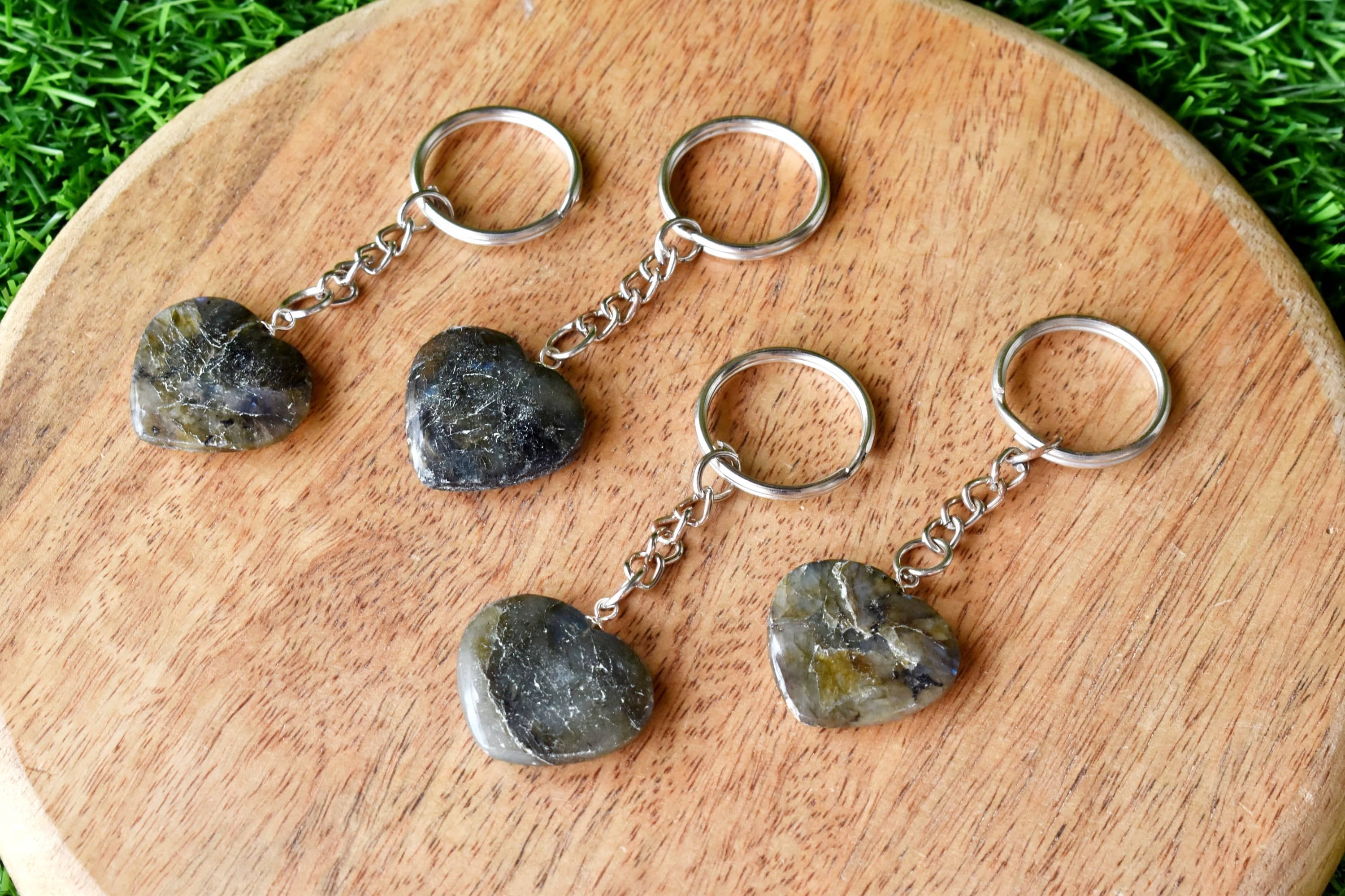 Labradorite Key Chain, Gemstone Keychain Crystal Key Ring - Tumble Rough Hearts | Decoration, Gift Item With 5.5cm Chain
