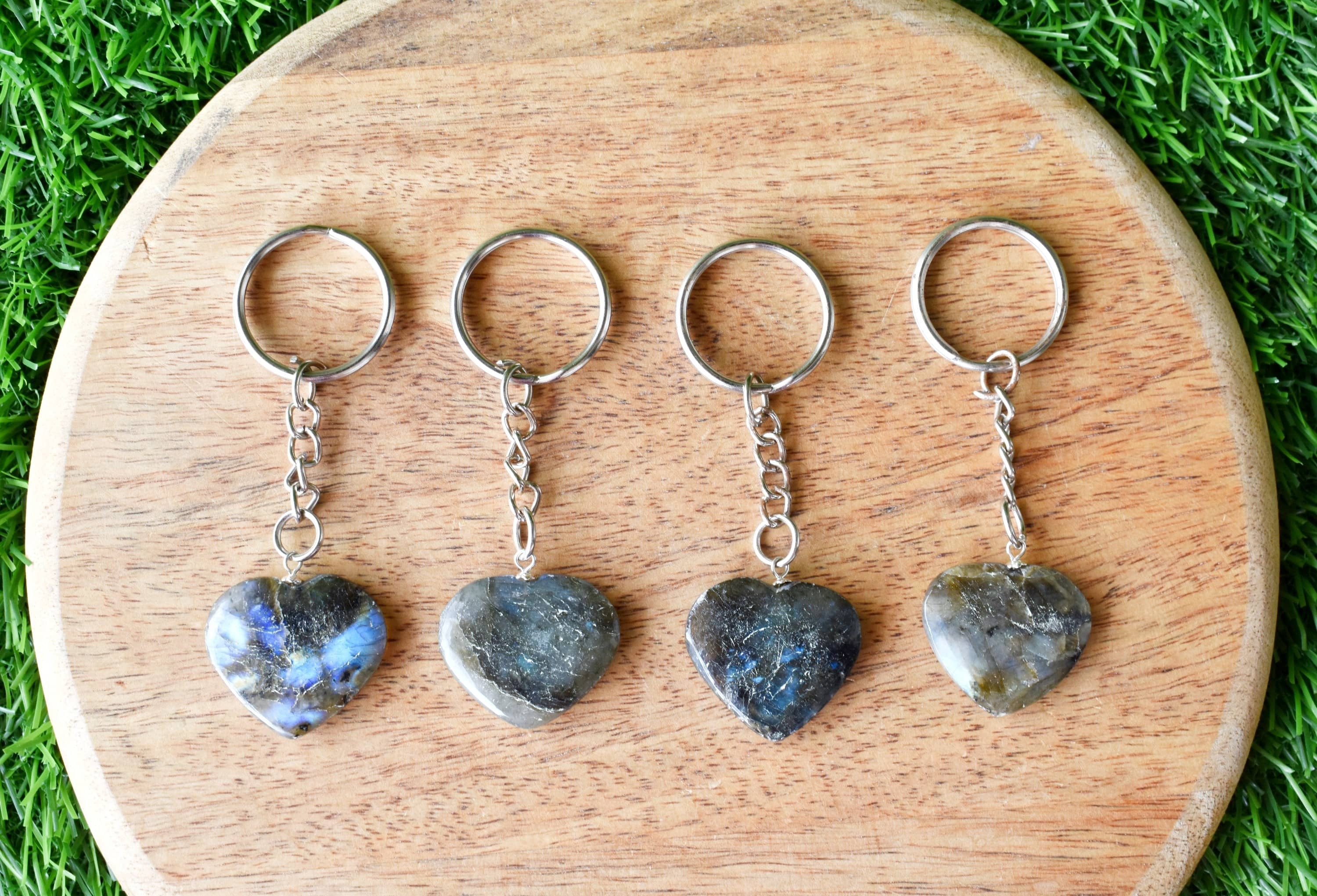 Labradorite Key Chain, Gemstone Keychain Crystal Key Ring - Tumble Rough Hearts | Decoration, Gift Item With 5.5cm Chain