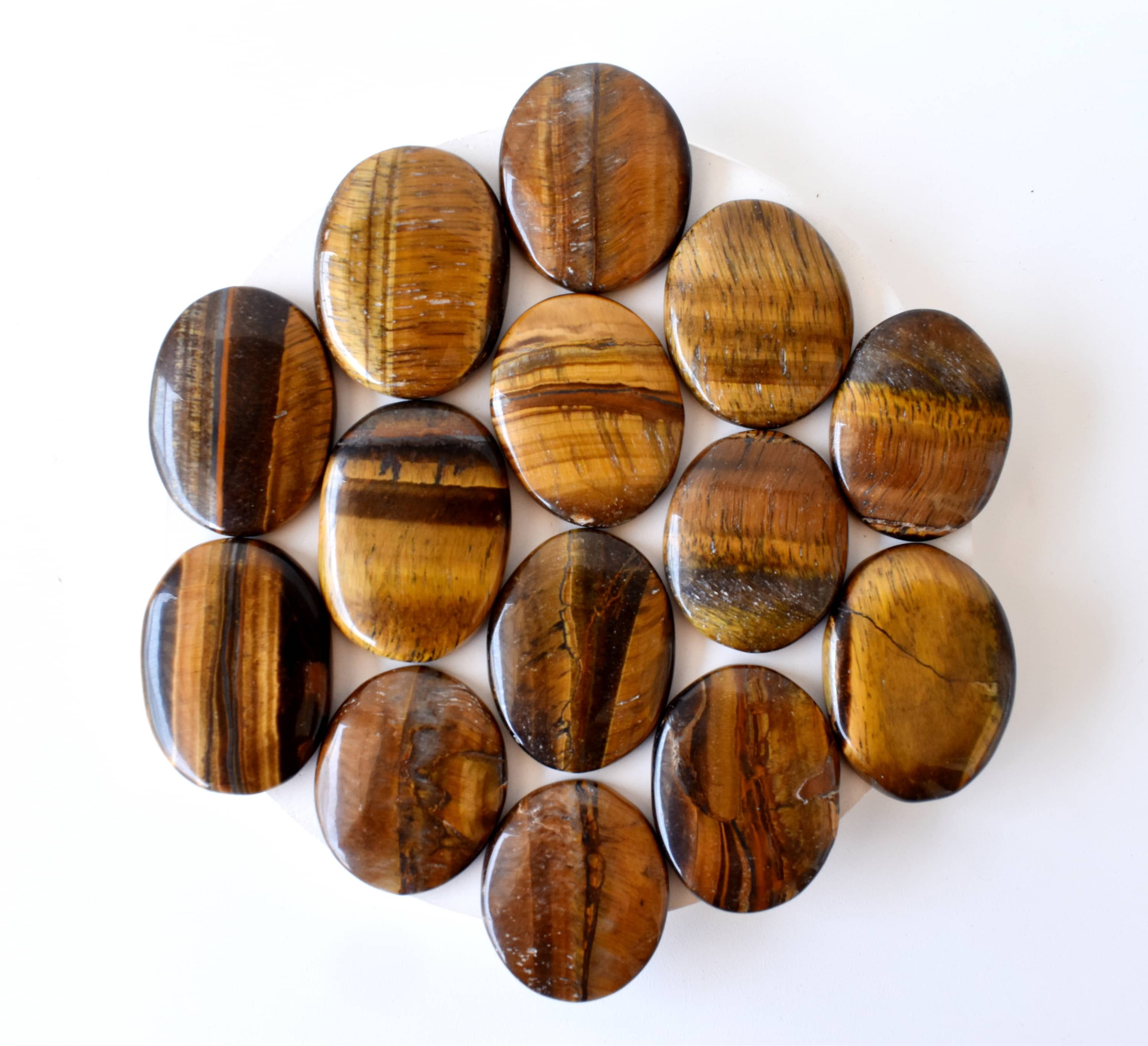 Tiger Eye Flat Stone - Aaa Grade Natural Stone 1.5 Inch Size Brown Color | Polished Oval Design Smooth Flat Back For Comfortable Hold