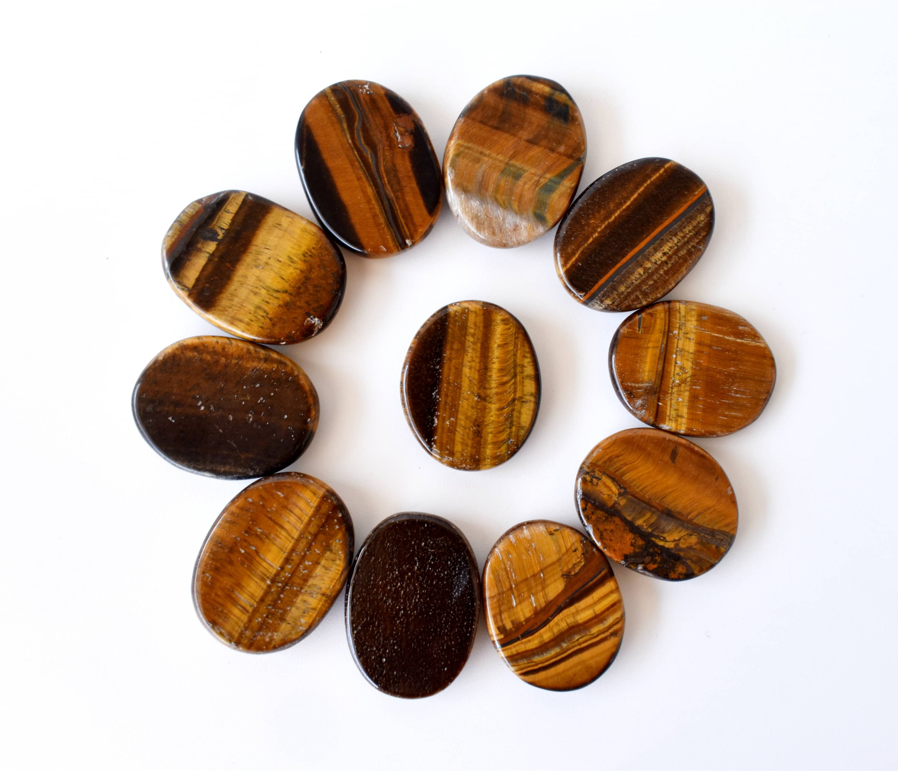 Tiger Eye Flat Stone - Aaa Grade Natural Stone 1.5 Inch Size Brown Color | Polished Oval Design Smooth Flat Back For Comfortable Hold
