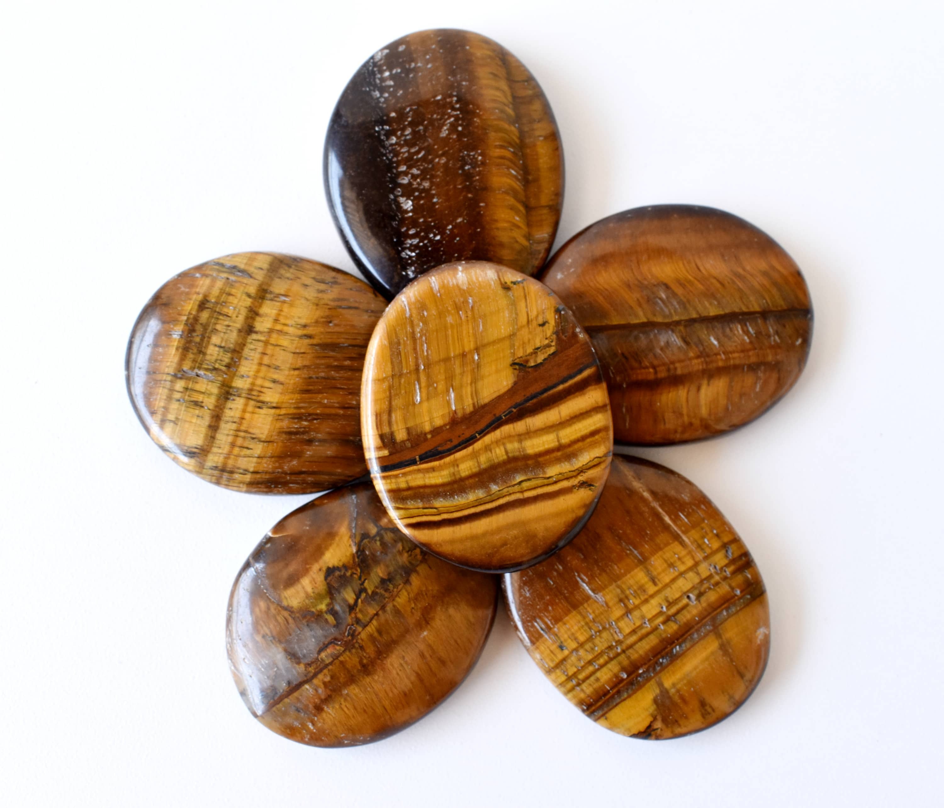 Tiger Eye Flat Stone - Aaa Grade Natural Stone 1.5 Inch Size Brown Color | Polished Oval Design Smooth Flat Back For Comfortable Hold