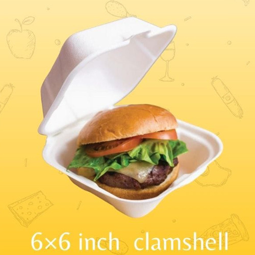 Bagasse Clamshell Box - Industrial Food Packaging , Square Shape, White Color, Eco-Friendly Material
