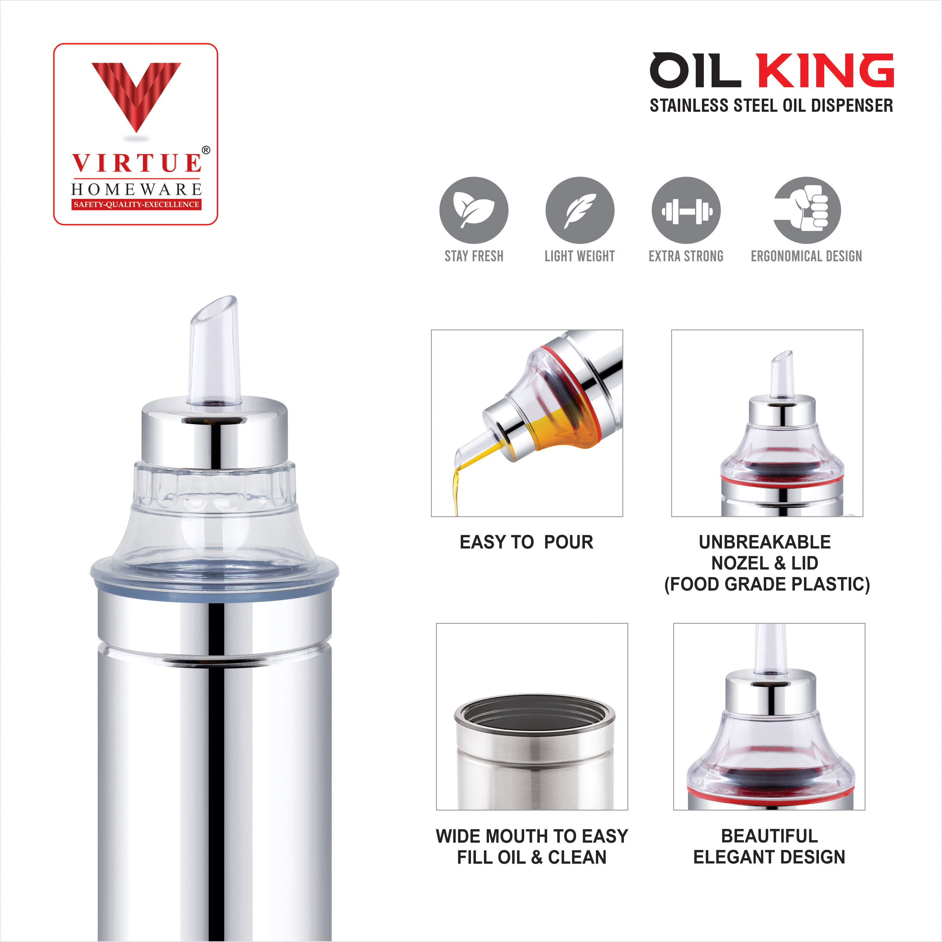 Oil King - 700 Ml Stainless Steel Oil Dispenser | Food Grade, Unbreakable Nozzle & Neck, Easy To Fill & Clean