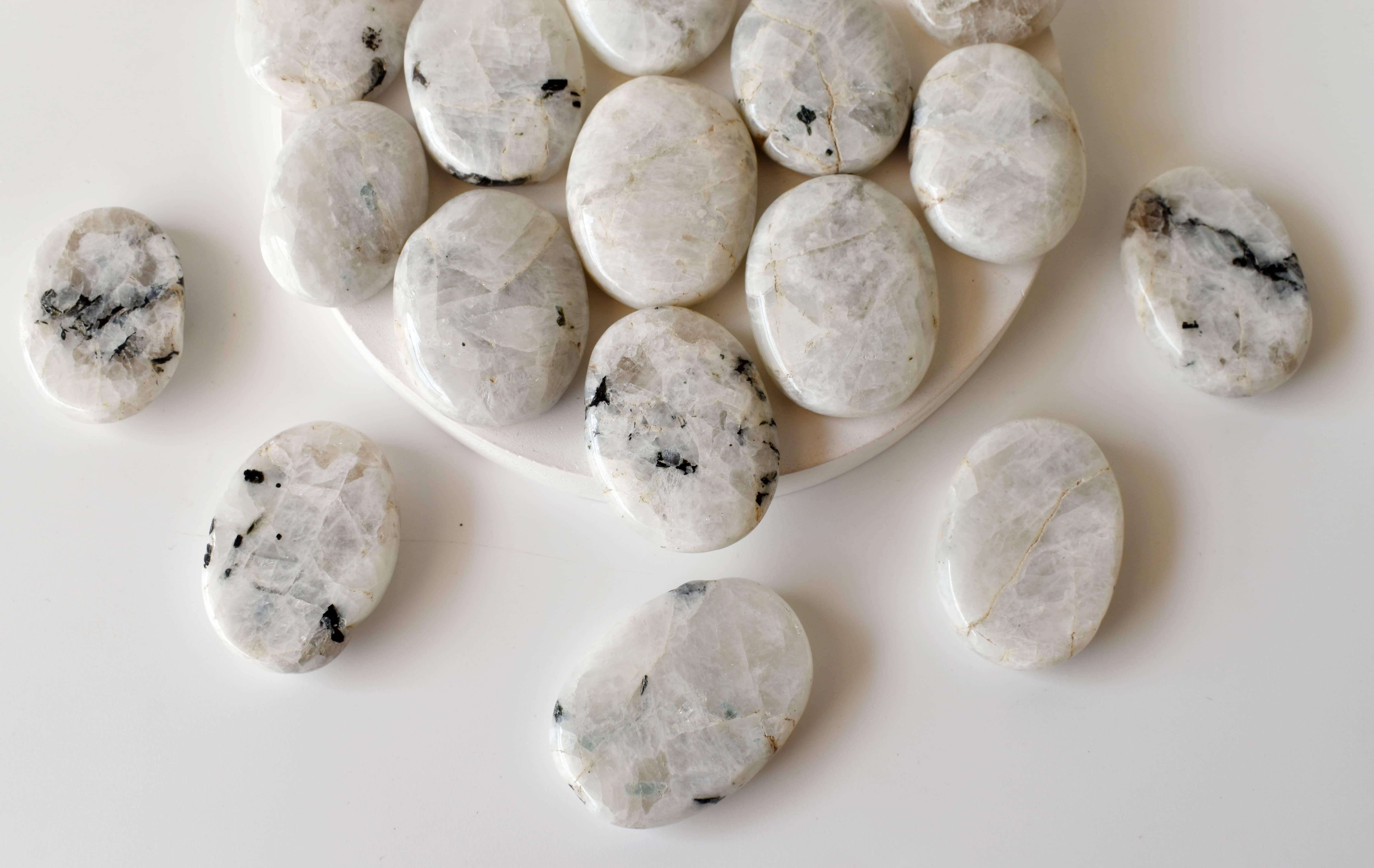 Rainbow Moonstone Flat Stone - Aaa Grade, 1.5 Inch Oval Natural Stone, Polished White Crystal For Calming And Anxiety Relief, Comfortable Palm Size