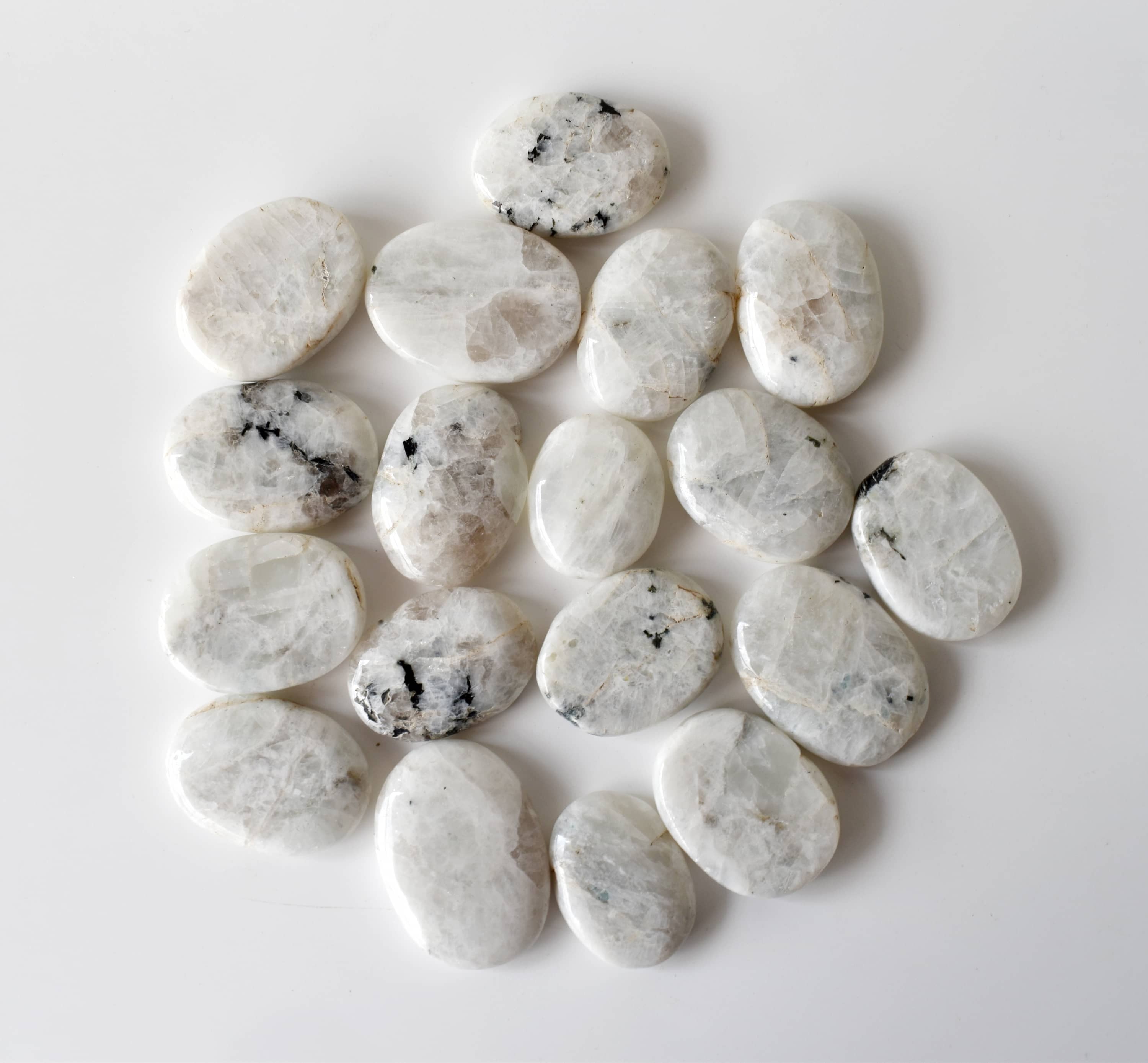 Rainbow Moonstone Flat Stone - Aaa Grade, 1.5 Inch Oval Natural Stone, Polished White Crystal For Calming And Anxiety Relief, Comfortable Palm Size