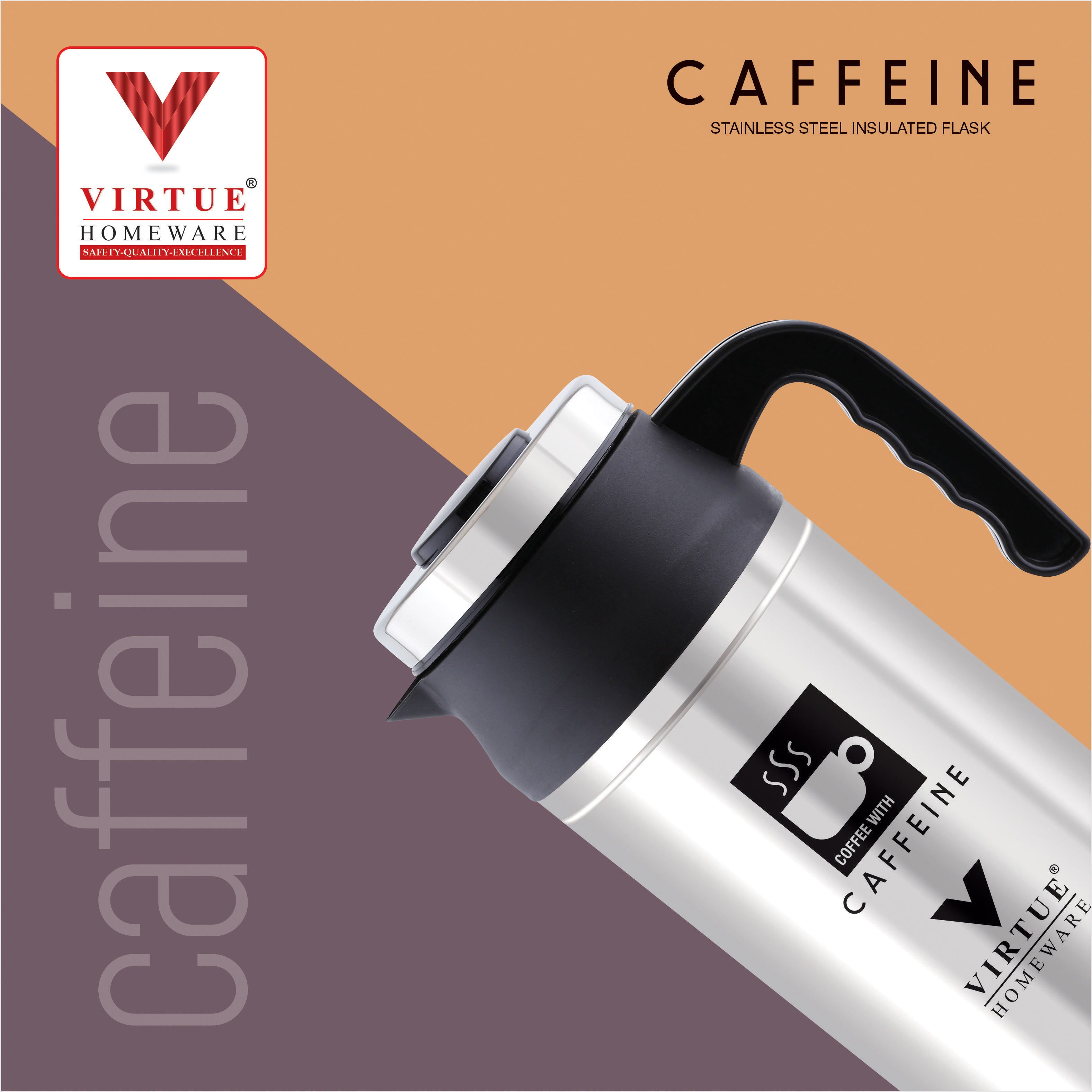 Caffeine Virtue Homeware St. Steel Insulated Flask - 1000 Ml | Double Wall Insulated Body, Locking Safety Lid, Easy To Carry Handles