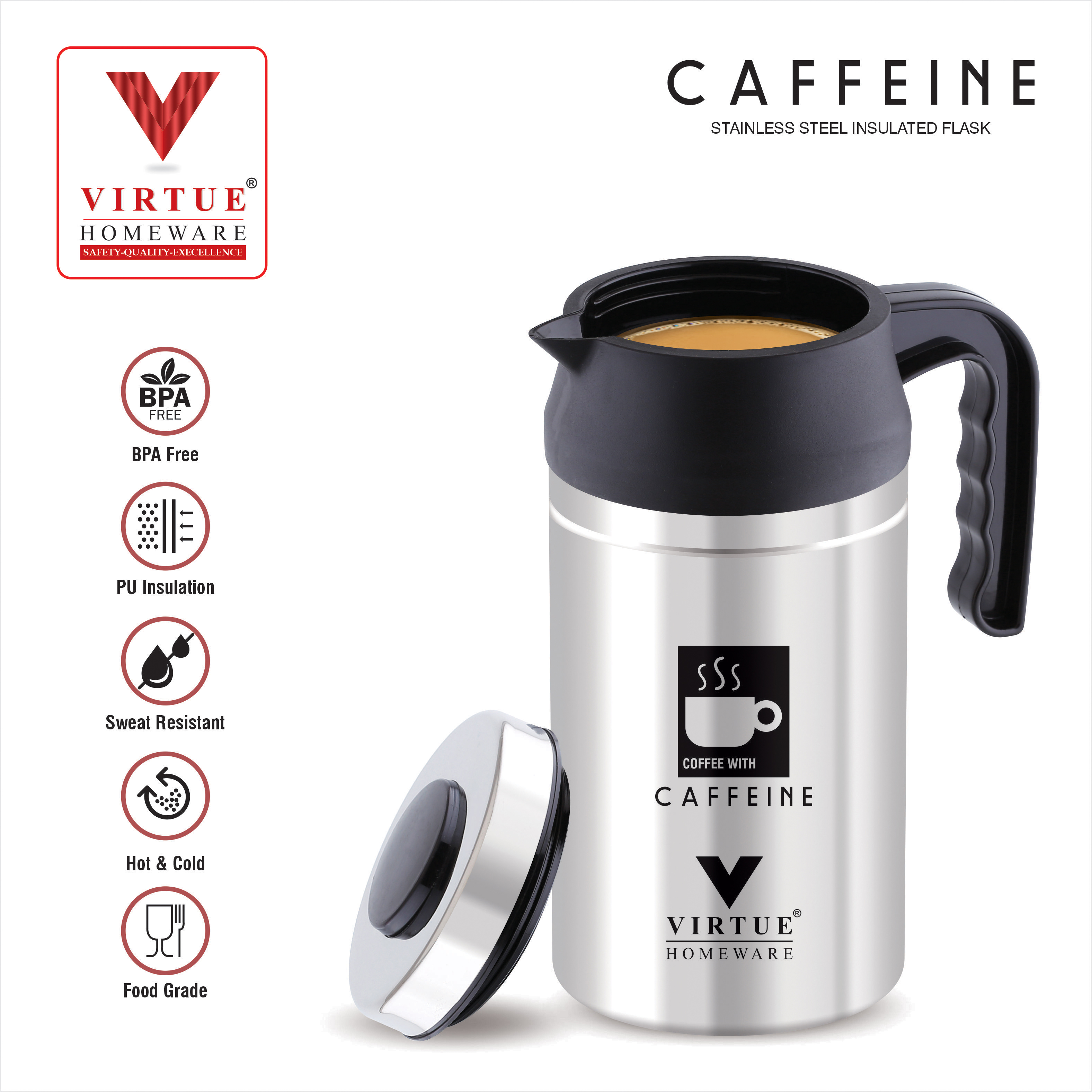 Caffeine Virtue Homeware St. Steel Insulated Flask - 1000 Ml | Double Wall Insulated Body, Locking Safety Lid, Easy To Carry Handles