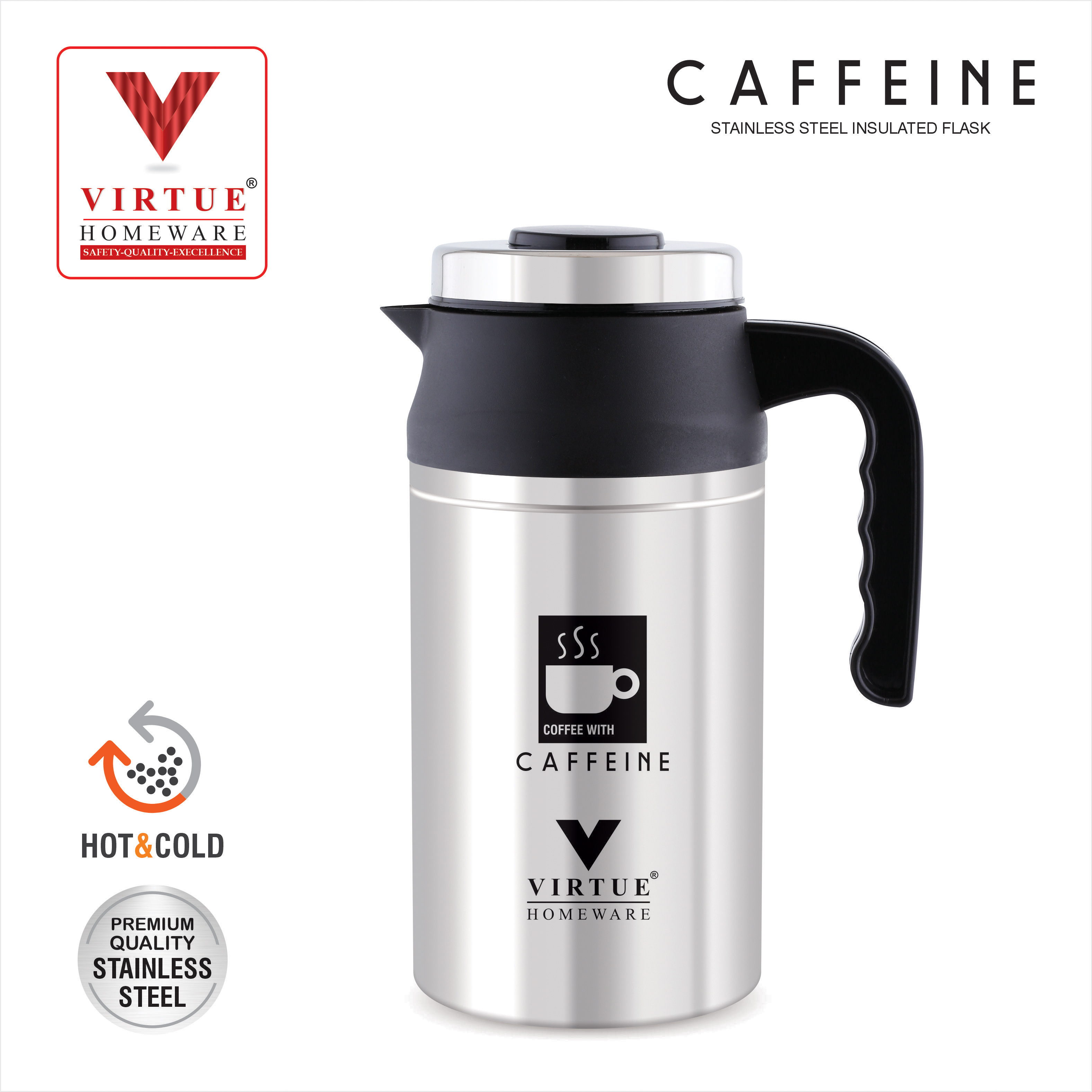 Caffeine Virtue Homeware St. Steel Insulated Flask - 1000 Ml | Double Wall Insulated Body, Locking Safety Lid, Easy To Carry Handles