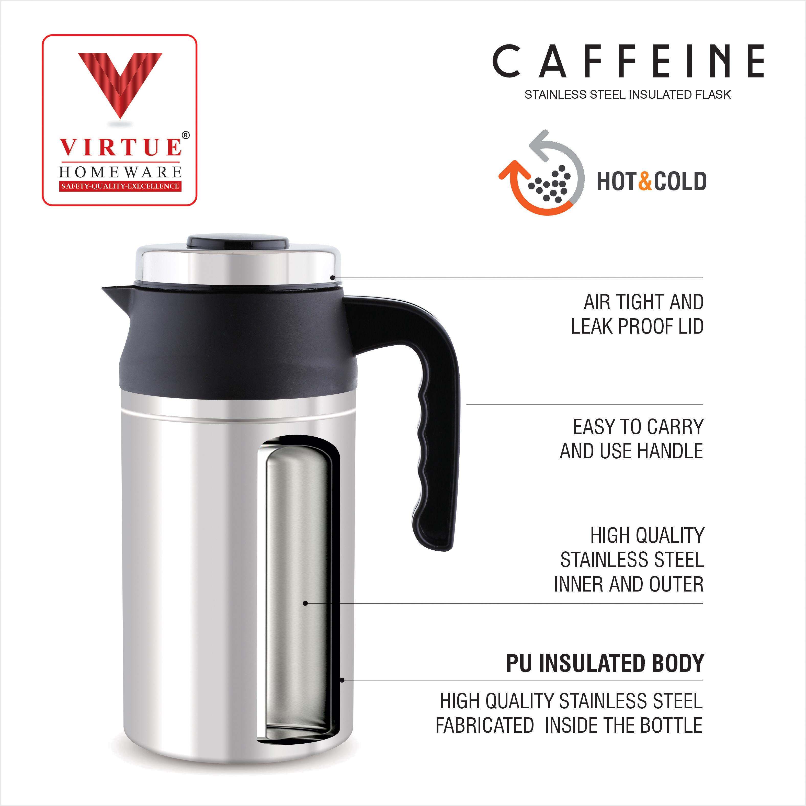 Caffeine Virtue Homeware St. Steel Insulated Flask - 1000 Ml | Double Wall Insulated Body, Locking Safety Lid, Easy To Carry Handles