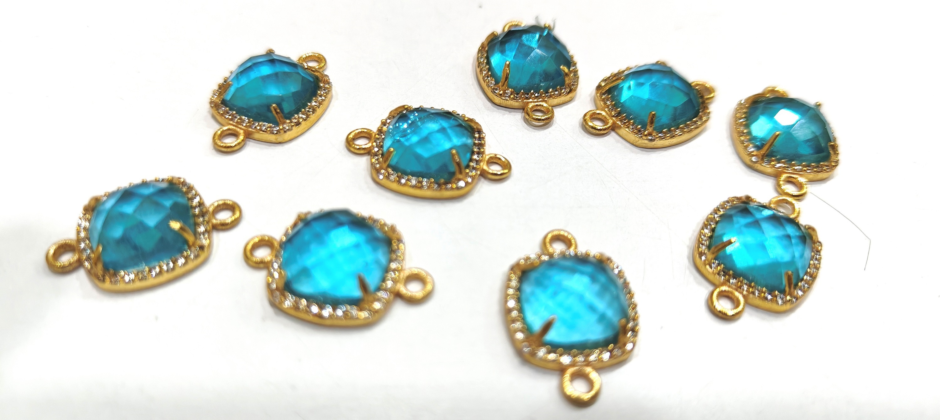 Multi Quartz Stone Briolette Connector - 13mm Double Loop, Multicolor Gemstone Charm With Pave Cz Accents For Jewelry Making