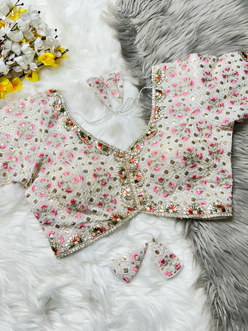 Fancy Blouse - Heavy Fox Georgette, Free Size 38-42, Multicolour, Short Sleeves, Padded With Belt , Ideal For Elegant Occasions