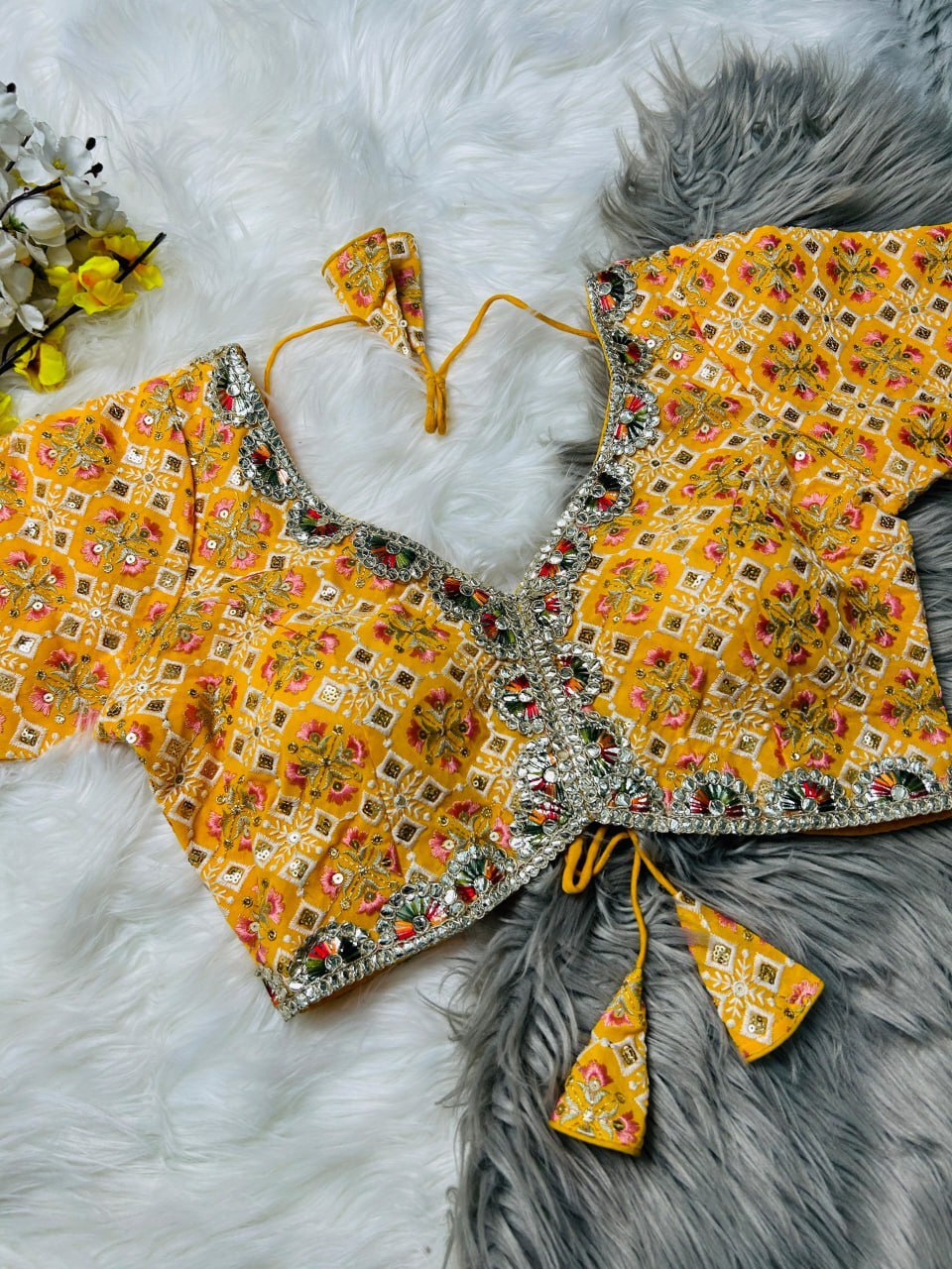 Fancy Blouse - Heavy Fox Georgette, Free Size 38-42, Multicolour, Short Sleeves, Padded With Belt , Ideal For Elegant Occasions