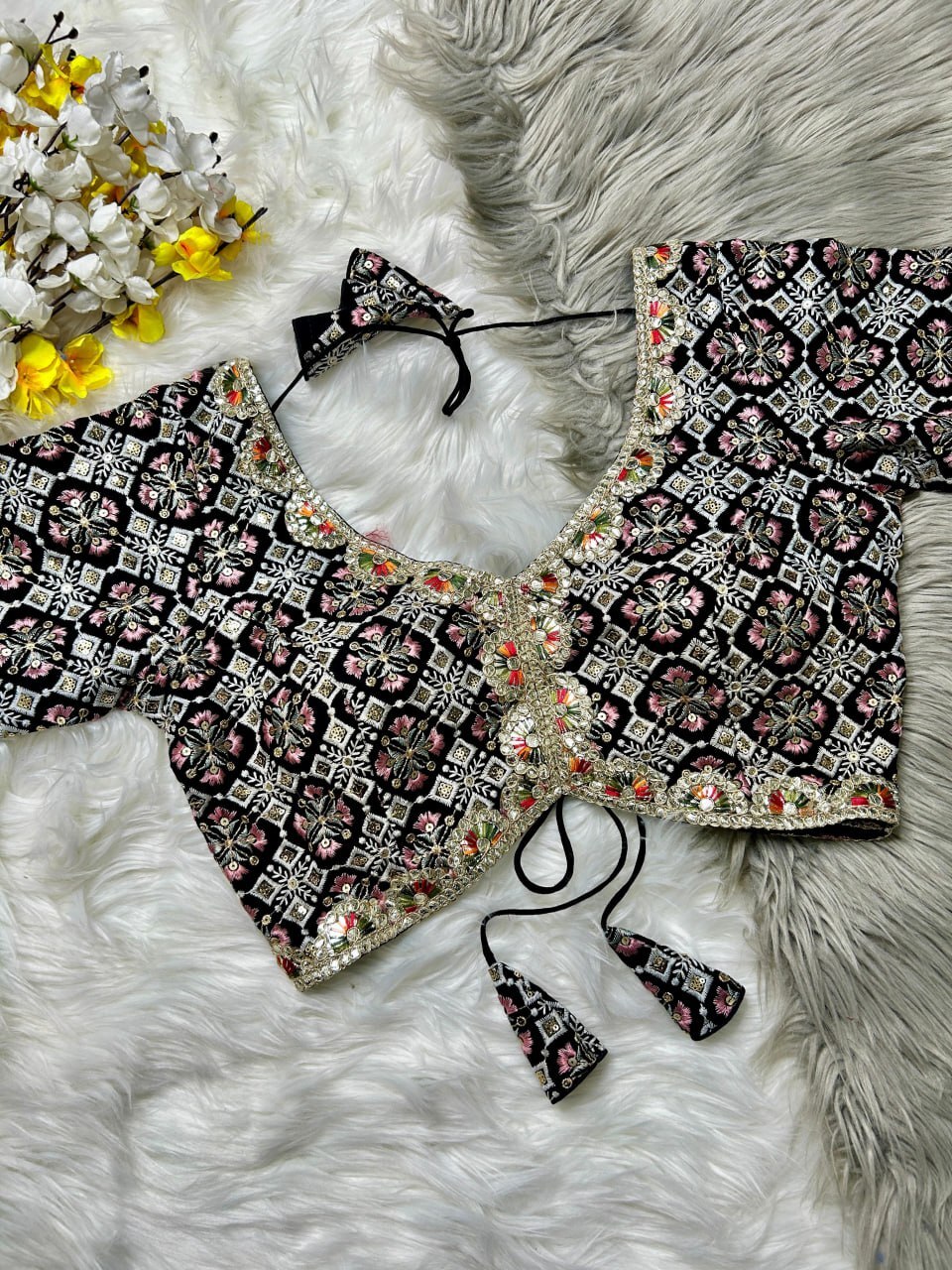 Fancy Blouse - Heavy Fox Georgette, Free Size 38-42, Multicolour, Short Sleeves, Padded With Belt , Ideal For Elegant Occasions