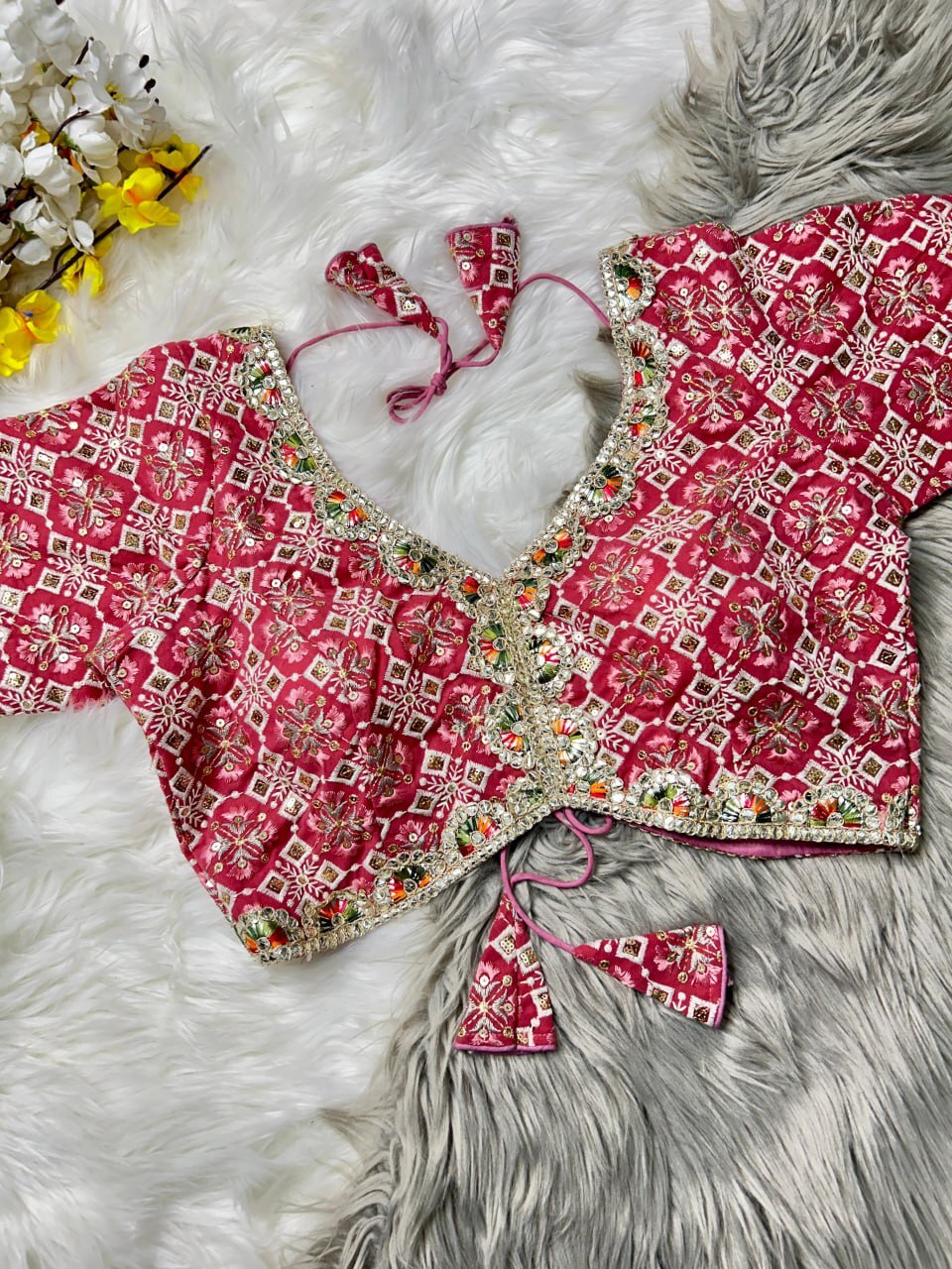 Fancy Blouse - Heavy Fox Georgette, Free Size 38-42, Multicolour, Short Sleeves, Padded With Belt , Ideal For Elegant Occasions