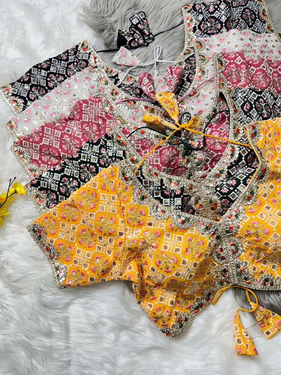 Fancy Blouse - Heavy Fox Georgette, Free Size 38-42, Multicolour, Short Sleeves, Padded With Belt , Ideal For Elegant Occasions