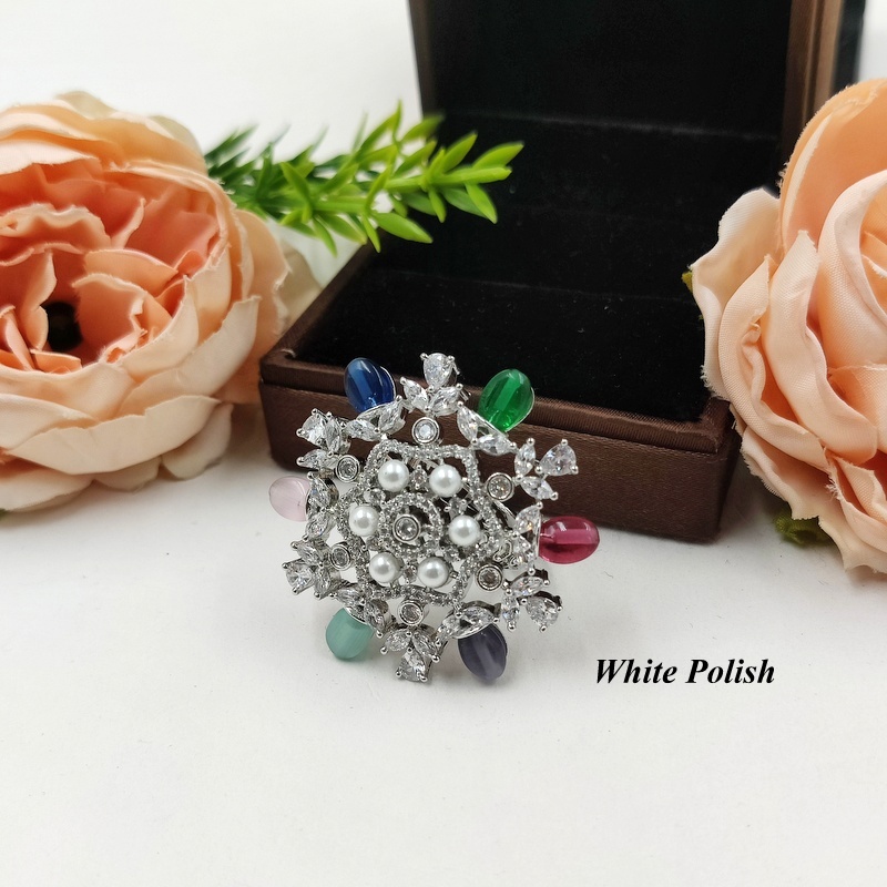 Pearl & Beads Fancy Ring - Aaa Star Cut American Diamond, Copper Alloy | Elegant Imitation Jewelry For Women, Perfect For Weddings And Special Occasions