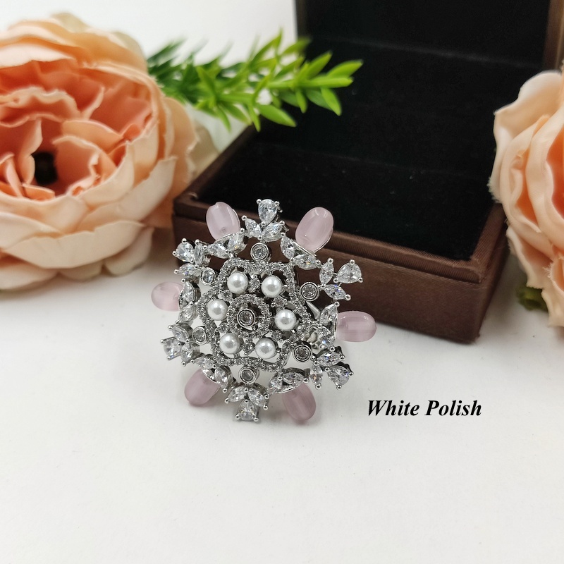 Pearl & Beads Fancy Ring - Aaa Star Cut American Diamond, Copper Alloy | Elegant Imitation Jewelry For Women, Perfect For Weddings And Special Occasions