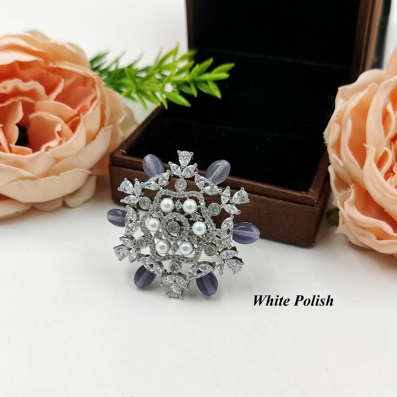Pearl & Beads Fancy Ring - Aaa Star Cut American Diamond, Copper Alloy | Elegant Imitation Jewelry For Women, Perfect For Weddings And Special Occasions