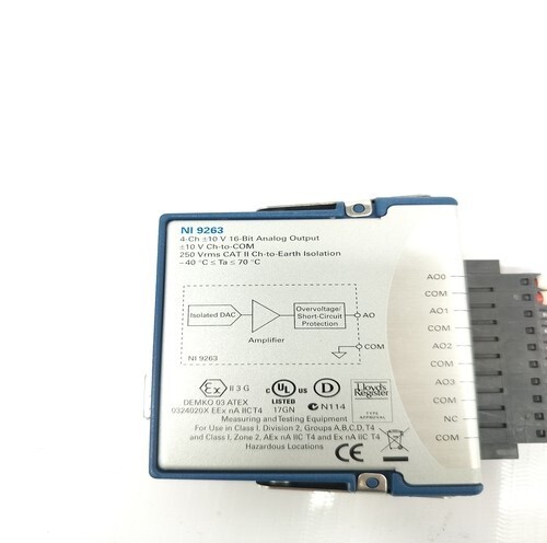 National Instruments Ni9263 Output Module - Plastic, Metal, 120x28x69 Mm, Gray, 4 Analog Channels, 16-bit Resolution, Hot-swappable, Din Rail Mount, Over-voltage And Short-circuit Protection