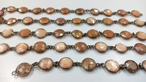 Natural Peach Moonstone Coin Shape 12mm Bezel Connector Chain Sold Per Foot