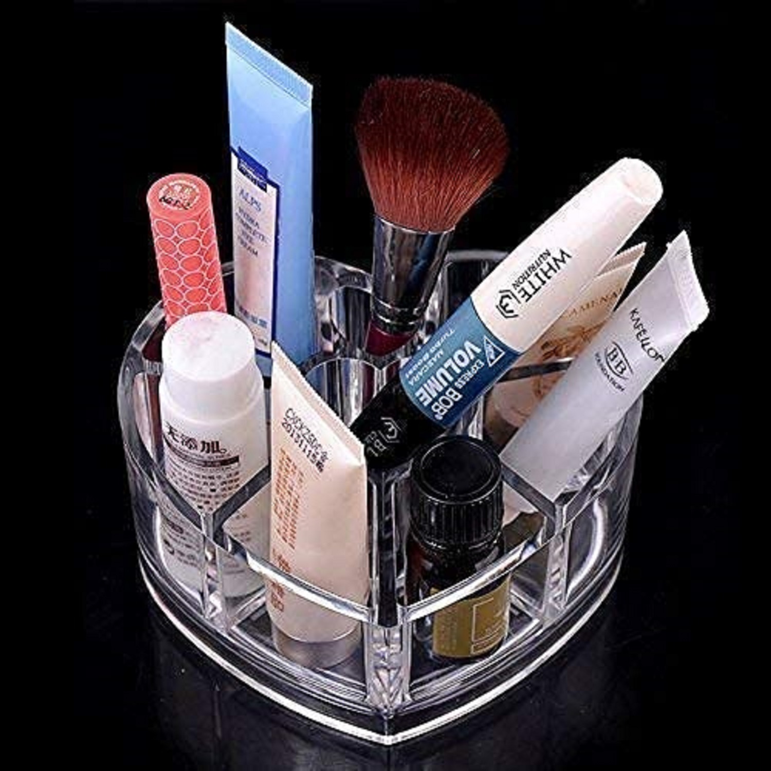Heart Shape Acrylic Stand - 8 Compartment Clear Organizer | Elegant Holder For Cosmetics, Brushes, Jewelry, Pens On Dresser, Countertop, Desk