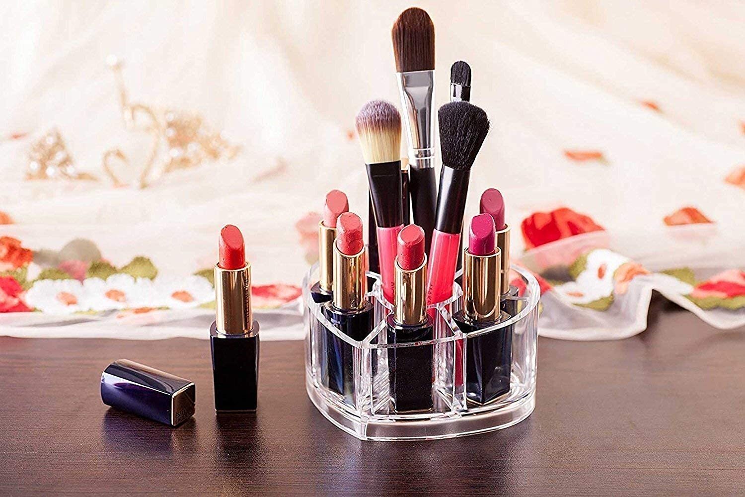 Heart Shape Acrylic Stand - 8 Compartment Clear Organizer | Elegant Holder For Cosmetics, Brushes, Jewelry, Pens On Dresser, Countertop, Desk