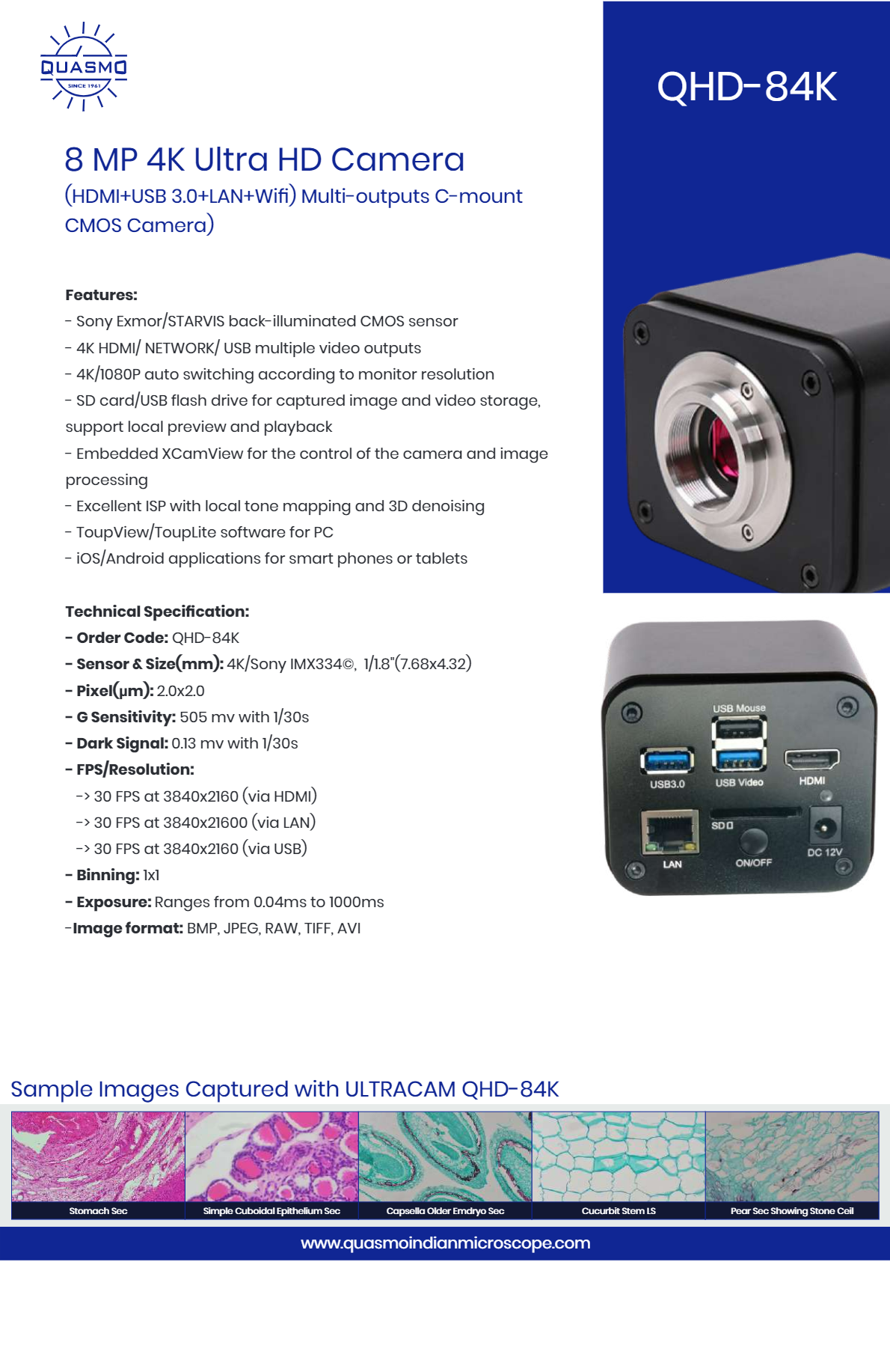 8 Mp 4k Ultra Hd Microscope Camera (Hdmi+usb3.0+lan+wifi) Multi-outputs C-mount Cmos Camera - Application: Excellent Isp With Local Tone Mapping And 3d Denoising