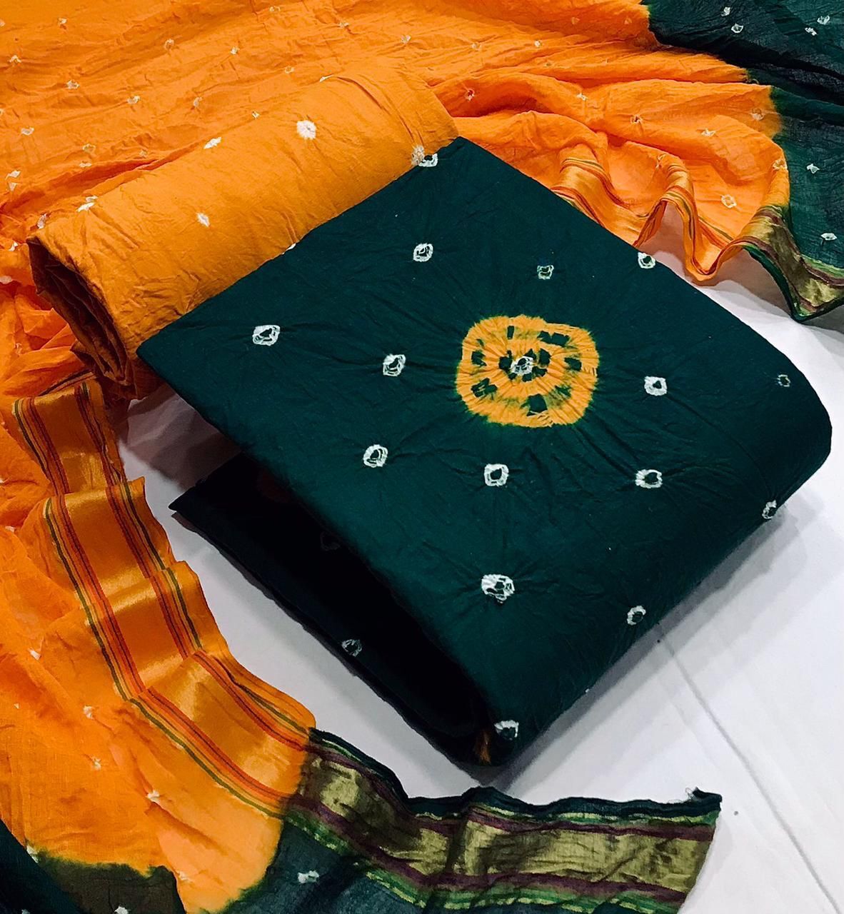 Fancy Salwar Suits - Cotton Bandhni Top, Hand Bandhej Print Bottom, Cotton Dupatta With Banarasi Border | Multicolour, Dry Cleaning Feature