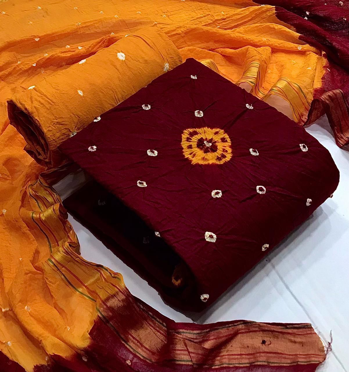 Fancy Salwar Suits - Cotton Bandhni Top, Hand Bandhej Print Bottom, Cotton Dupatta With Banarasi Border | Multicolour, Dry Cleaning Feature