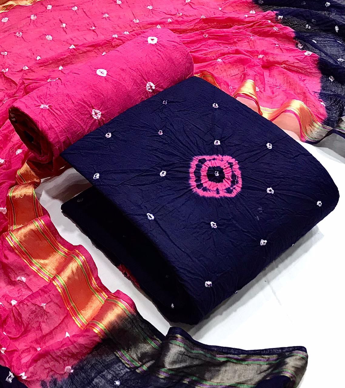 Fancy Salwar Suits - Cotton Bandhni Top, Hand Bandhej Print Bottom, Cotton Dupatta With Banarasi Border | Multicolour, Dry Cleaning Feature